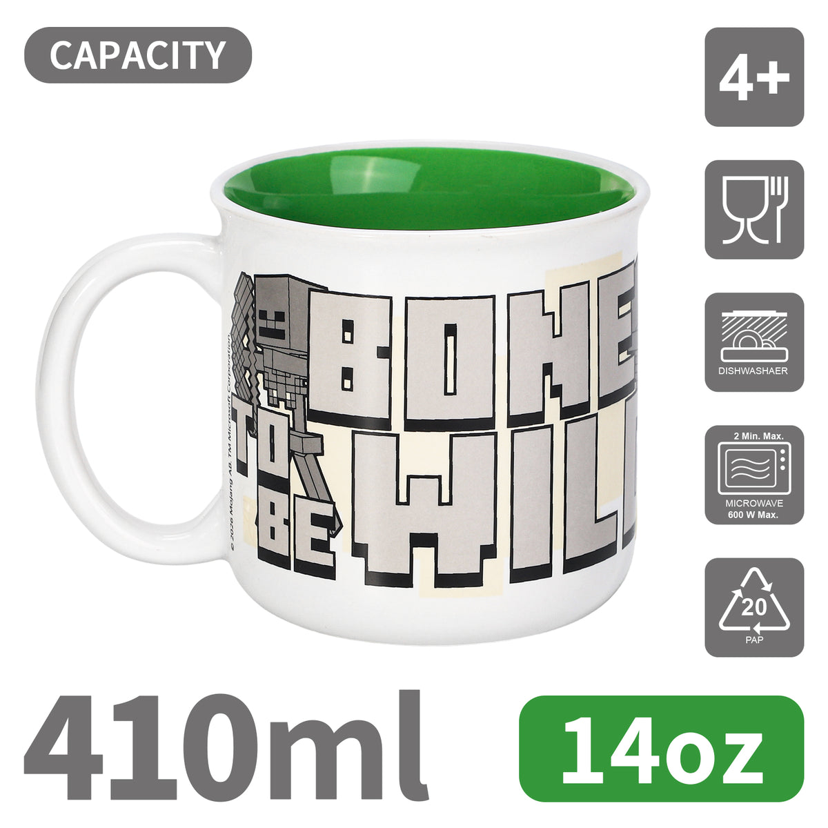 Minecraft 14oz Ceramic Mug – Bones to Be Wild Skeleton 410ml Coffee Cup, Dishwasher & Microwave Safe, Officially Licensed Gift for Kids & Adults