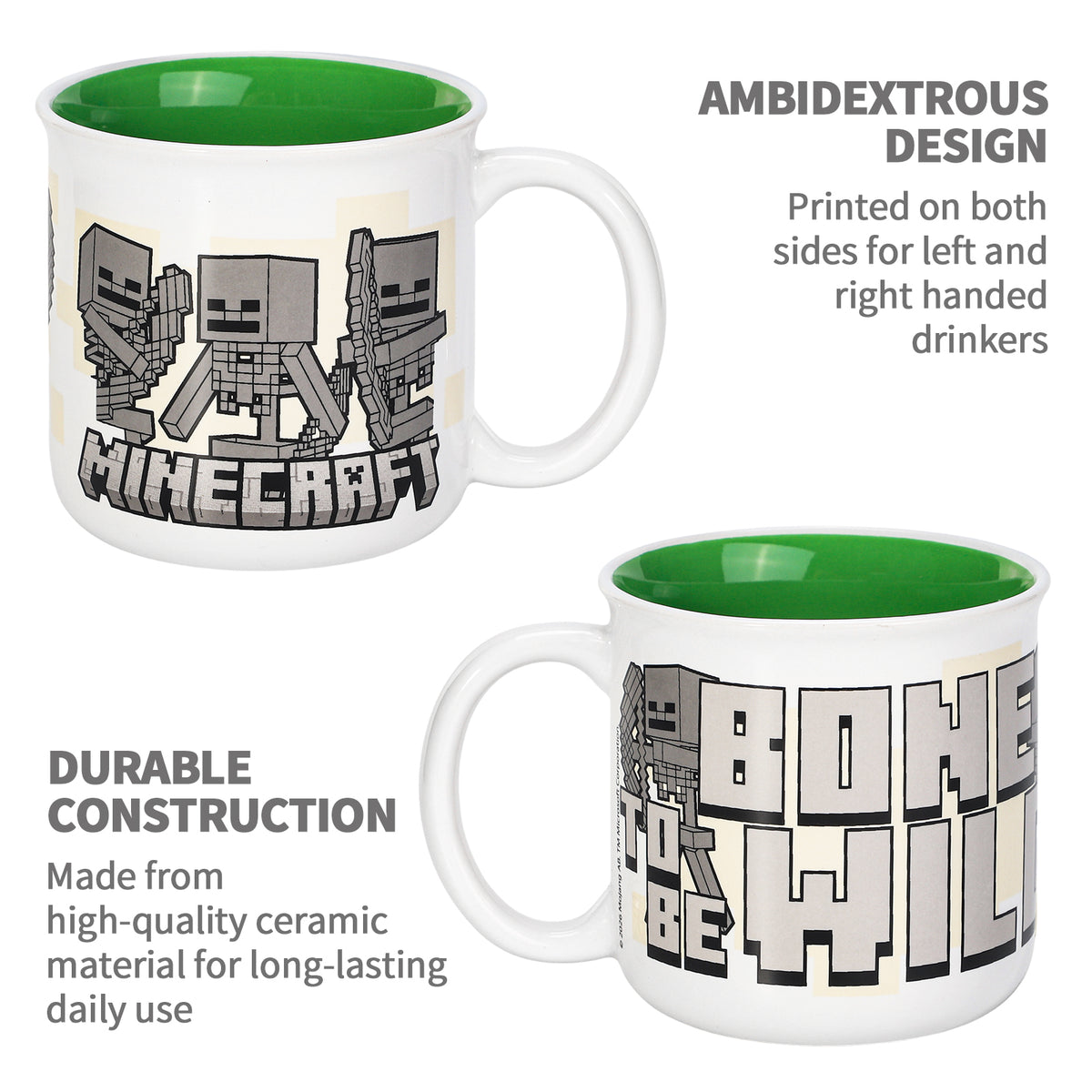 Minecraft 14oz Ceramic Mug – Bones to Be Wild Skeleton 410ml Coffee Cup, Dishwasher & Microwave Safe, Officially Licensed Gift for Kids & Adults