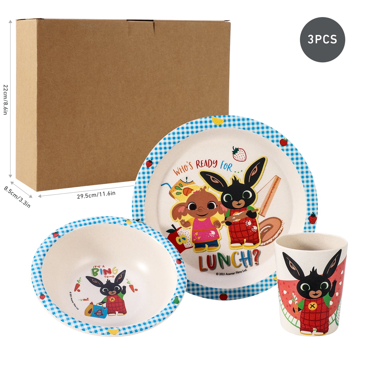 Bing 3Pcs Wooden Kids - Plate, Bowl and Tumbler Lunch Dinner Set