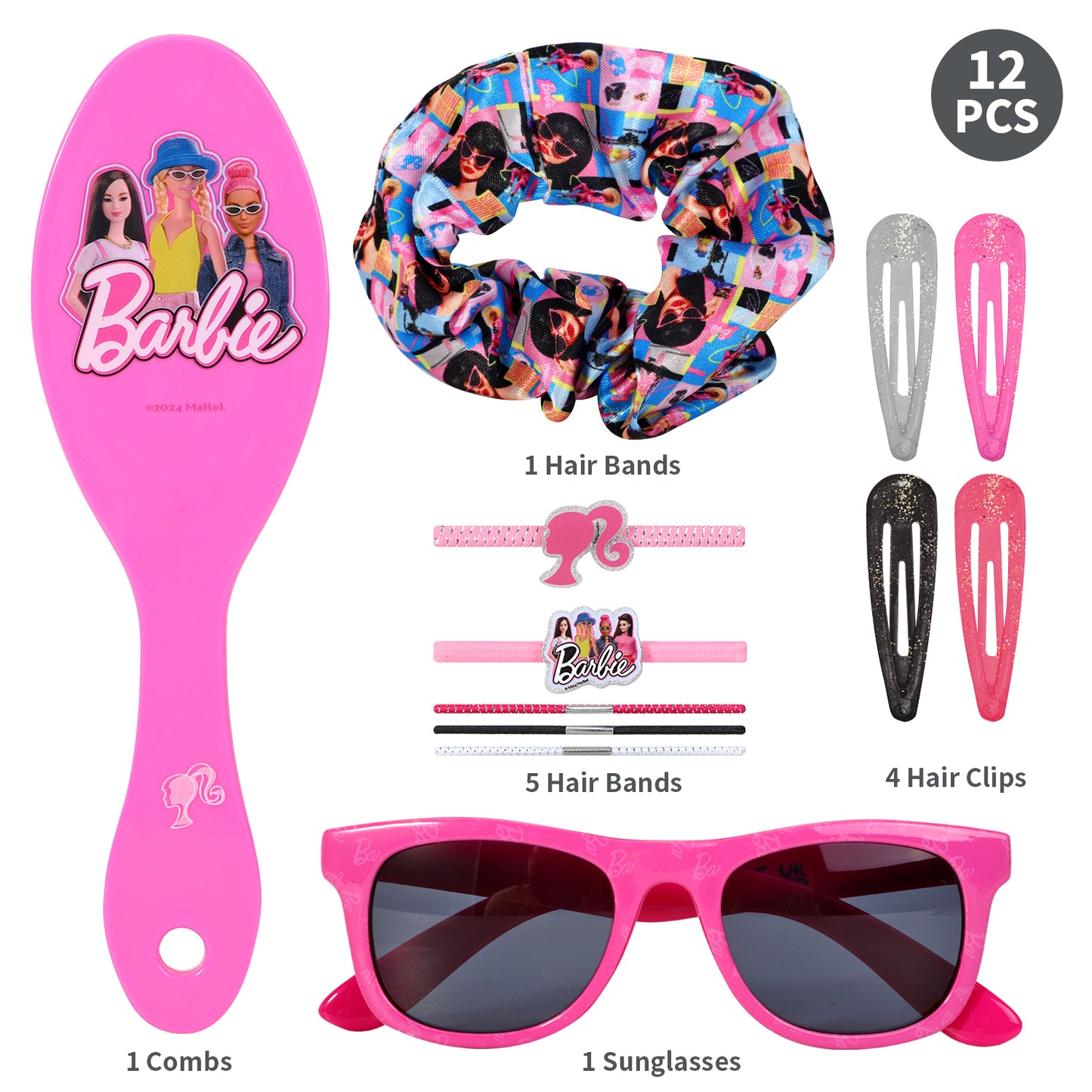 Barbie 12pc Girls Kids Sunglasses Hair Accessories Beauty Set with Carry Case