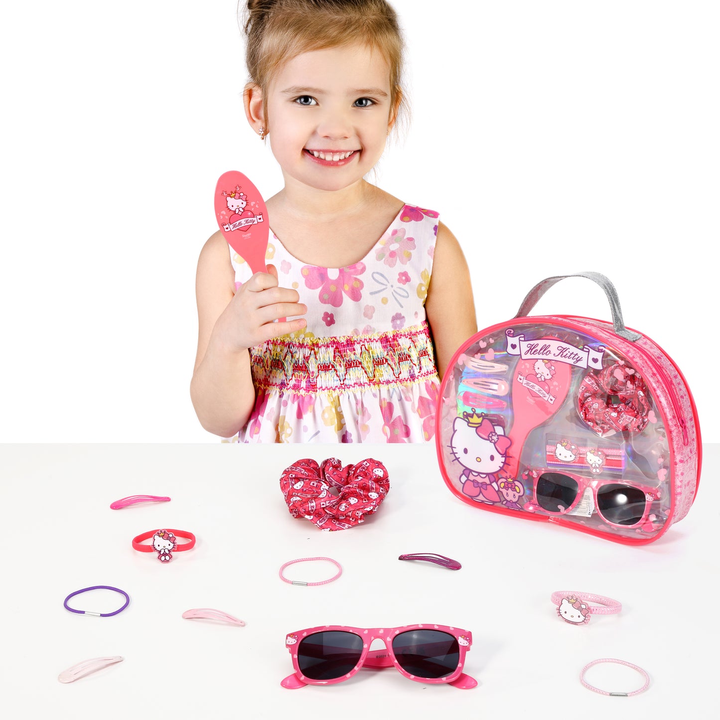 Hello Kitty 12pc Girls Kids Sunglasses Hair Accessories Beauty Set with Carry Case