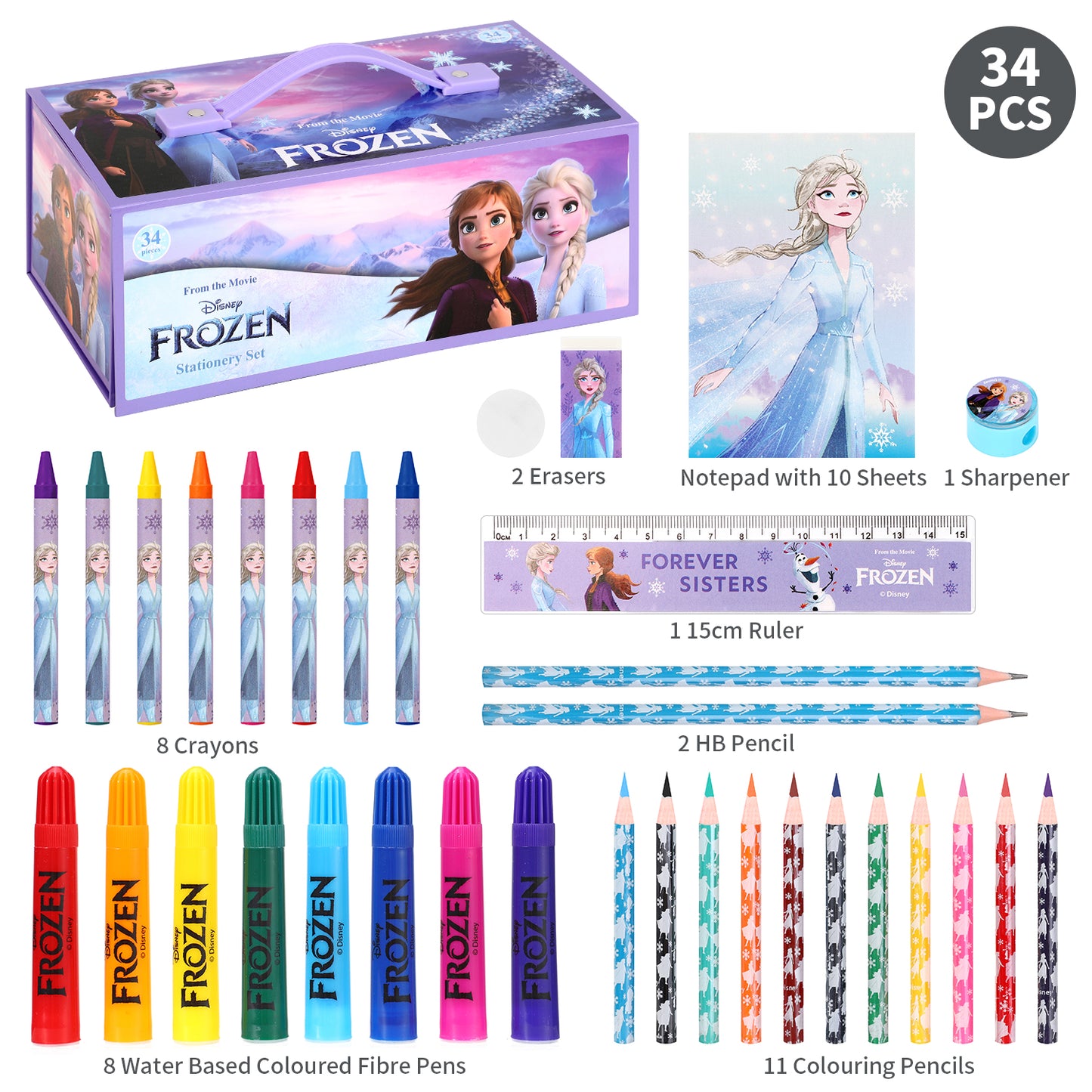 Frozen 34pc Kids Colouring Art Stationery Set with Watercolour Felt Tip Pens Crayons and Pencils Travel Set for Children