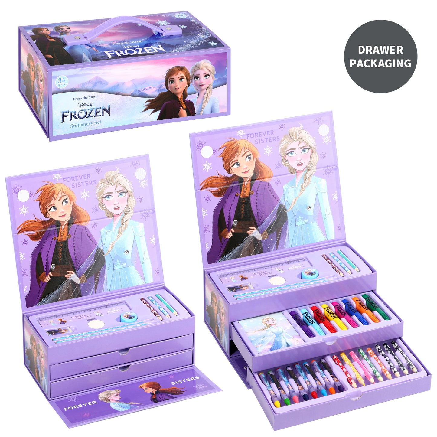 Frozen 34pc Kids Colouring Art Stationery Set with Watercolour Felt Tip Pens Crayons and Pencils Travel Set for Children