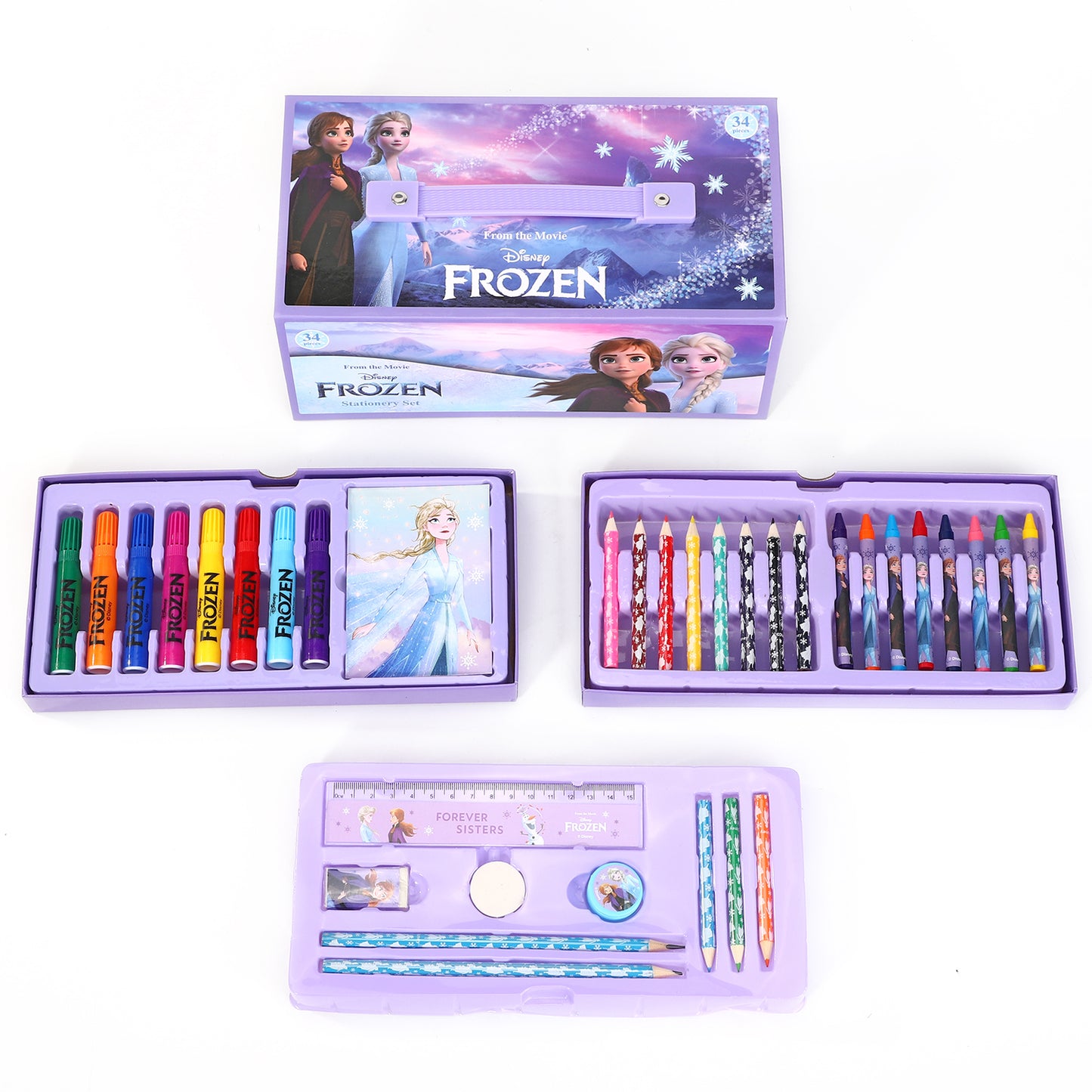 Frozen 34pc Kids Colouring Art Stationery Set with Watercolour Felt Tip Pens Crayons and Pencils Travel Set for Children