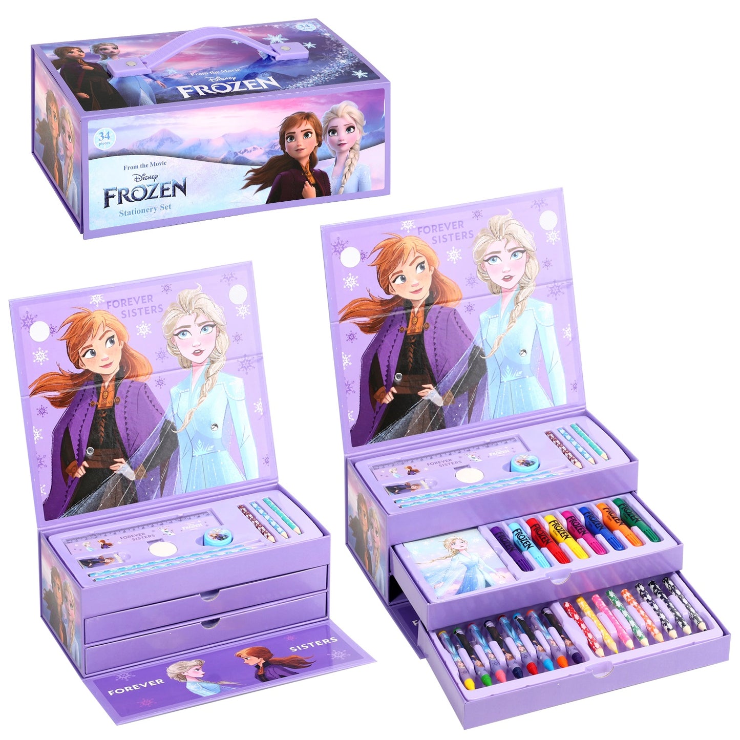 Frozen 34pc Kids Colouring Art Stationery Set with Watercolour Felt Tip Pens Crayons and Pencils Travel Set for Children