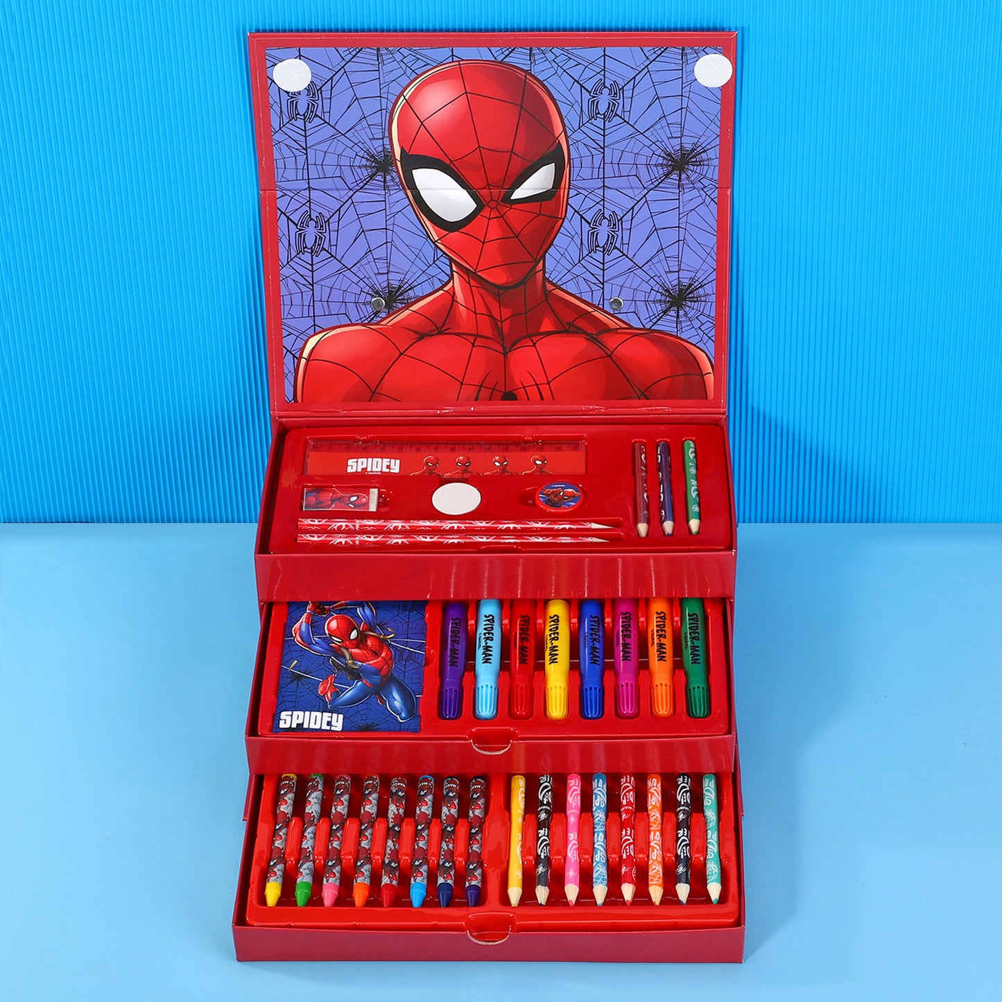 Spiderman 34pc Kids Colouring Art Stationery Set with Watercolour Felt Tip Pens Crayons and Pencils Travel Set for Children