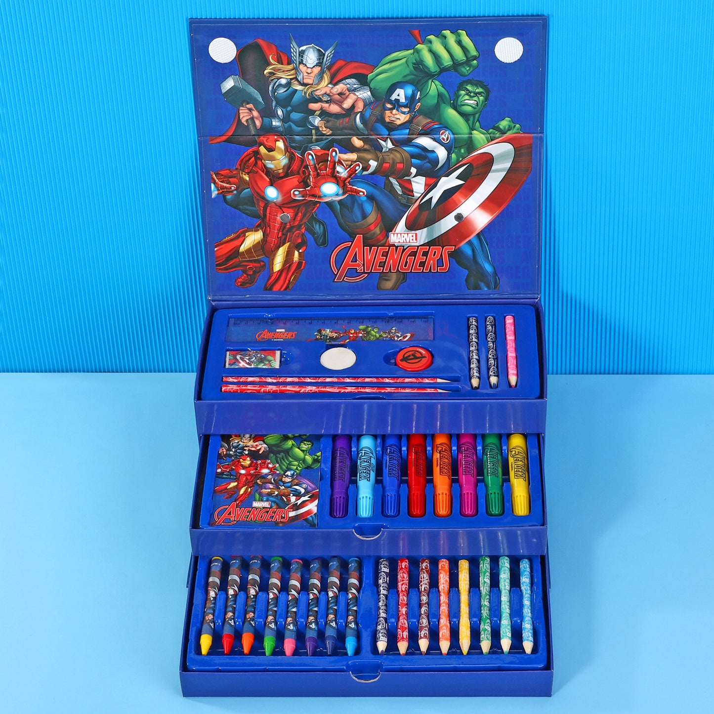 Avengers 34pc Kids Colouring Art Stationery Set with Watercolour Felt Tip Pens Crayons and Pencils Travel Set for Children