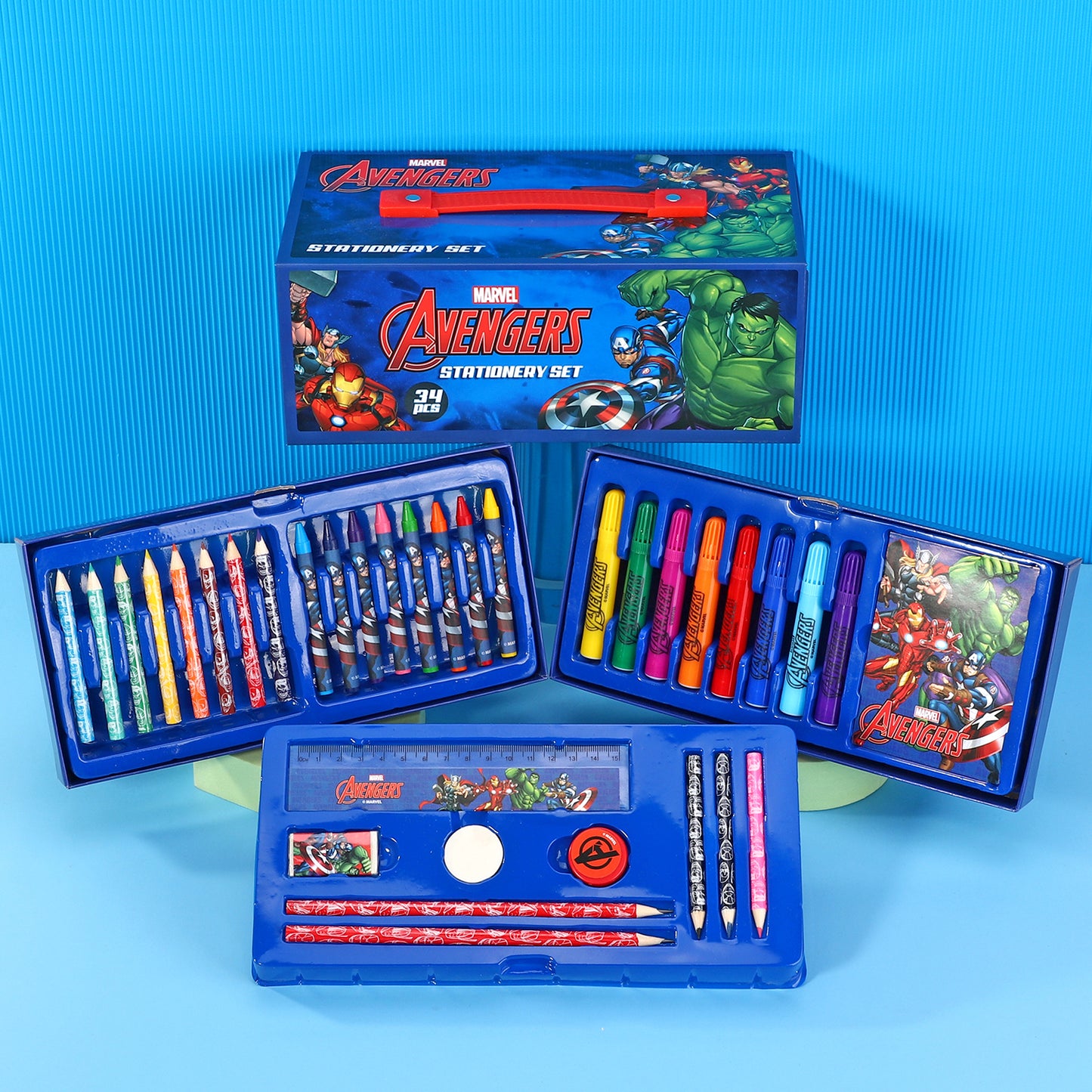 Avengers 34pc Kids Colouring Art Stationery Set with Watercolour Felt Tip Pens Crayons and Pencils Travel Set for Children