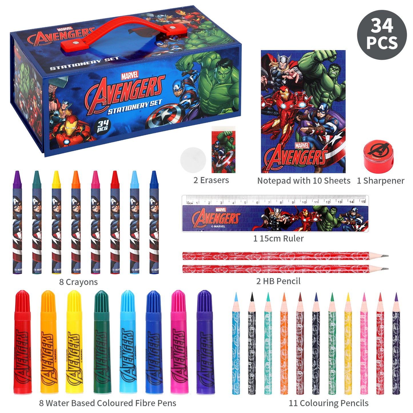 Avengers 34pc Kids Colouring Art Stationery Set with Watercolour Felt Tip Pens Crayons and Pencils Travel Set for Children