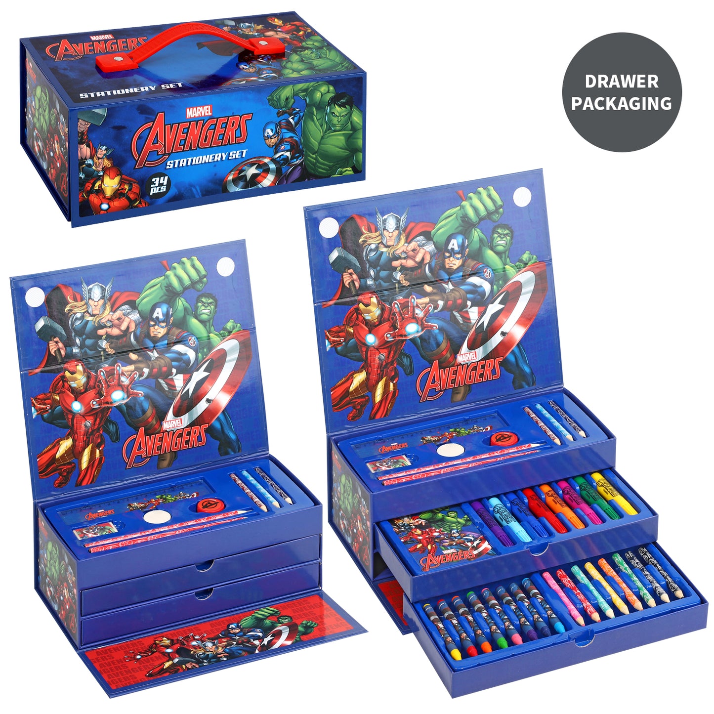Avengers 34pc Kids Colouring Art Stationery Set with Watercolour Felt Tip Pens Crayons and Pencils Travel Set for Children