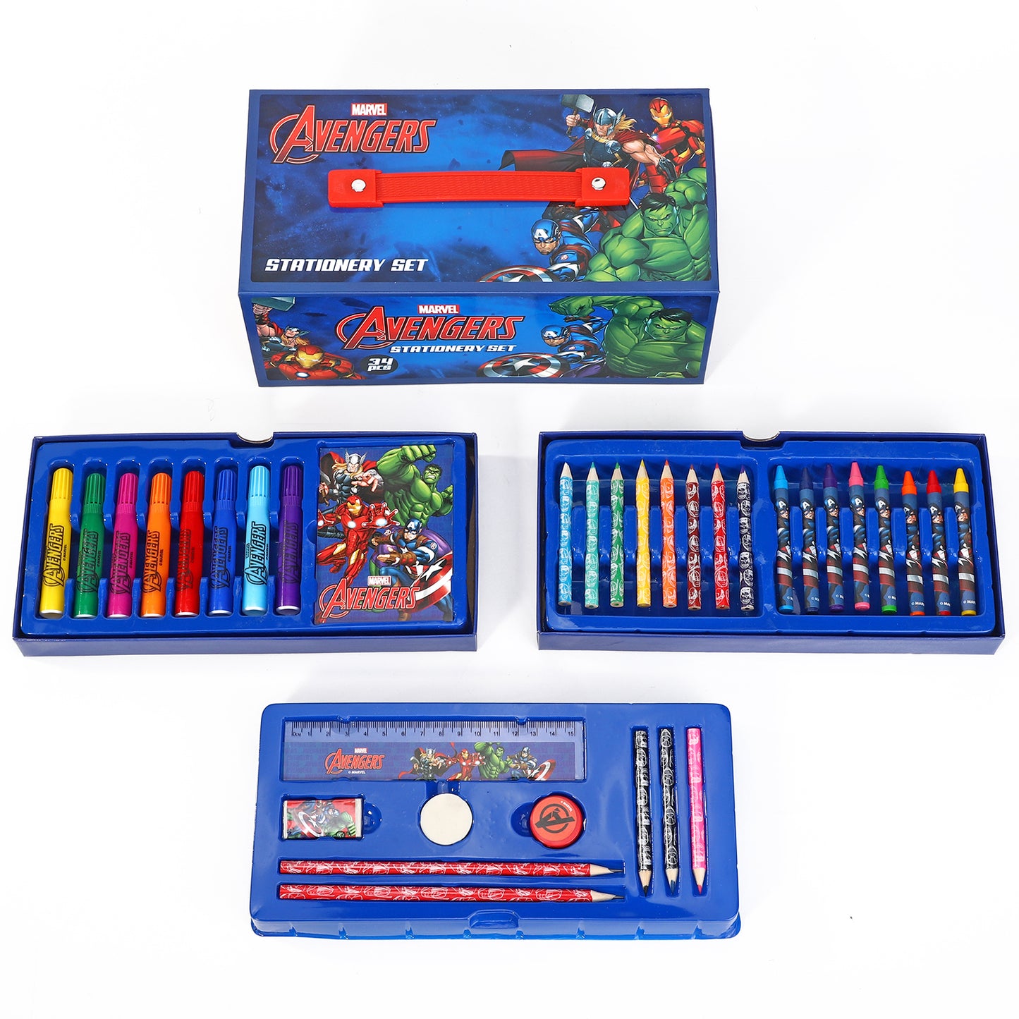 Avengers 34pc Kids Colouring Art Stationery Set with Watercolour Felt Tip Pens Crayons and Pencils Travel Set for Children