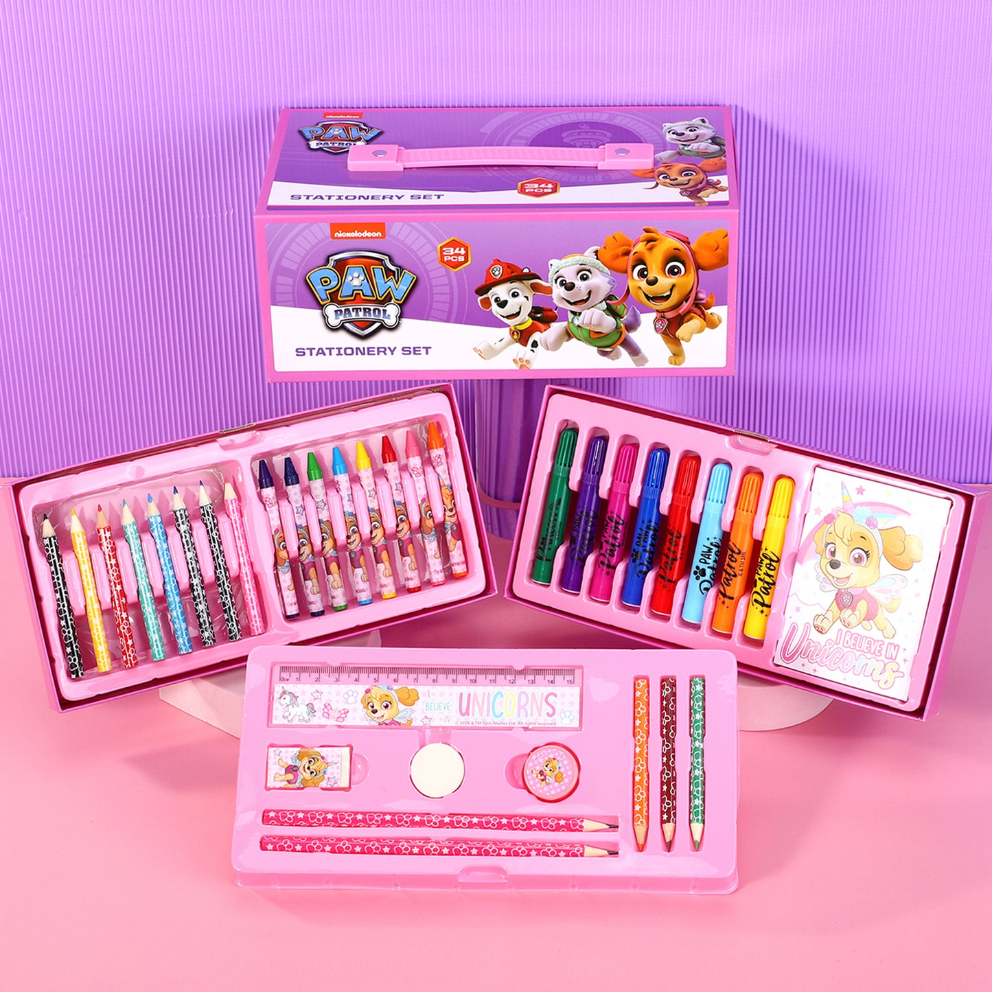 Paw Patrol 34pc Kids Colouring Art Stationery Set with Watercolour Felt Tip Pens Crayons and Pencils Travel Set for Children