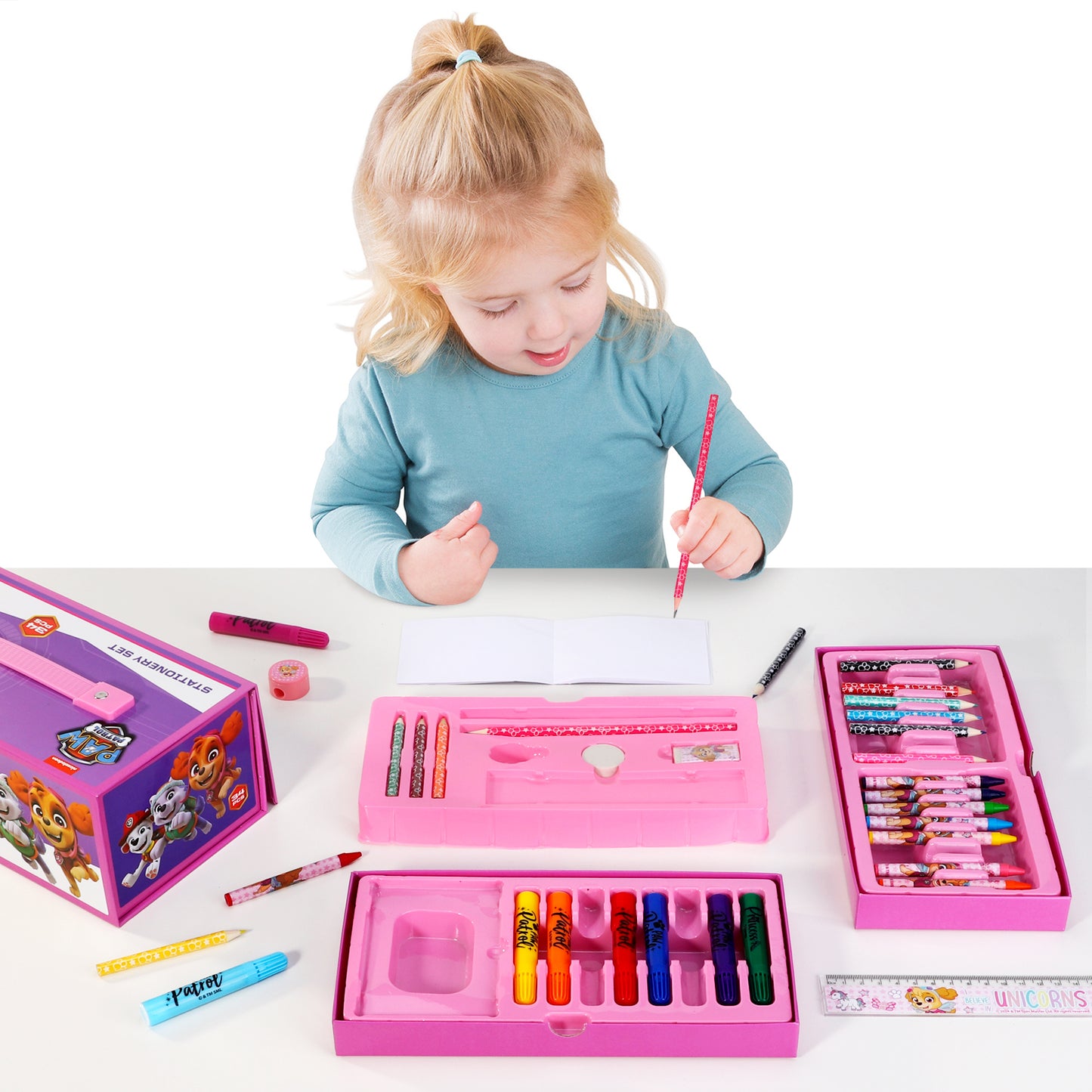 Paw Patrol 34pc Kids Colouring Art Stationery Set with Watercolour Felt Tip Pens Crayons and Pencils Travel Set for Children