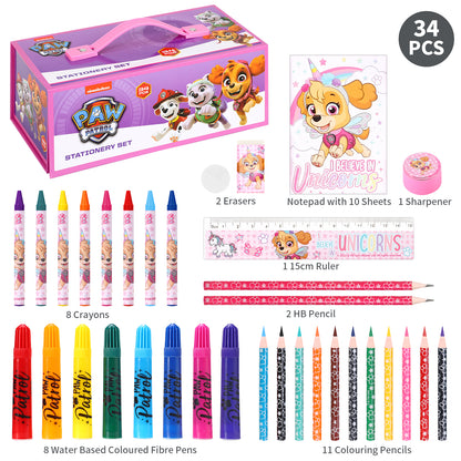 Paw Patrol 34pc Kids Colouring Art Stationery Set with Watercolour Felt Tip Pens Crayons and Pencils Travel Set for Children
