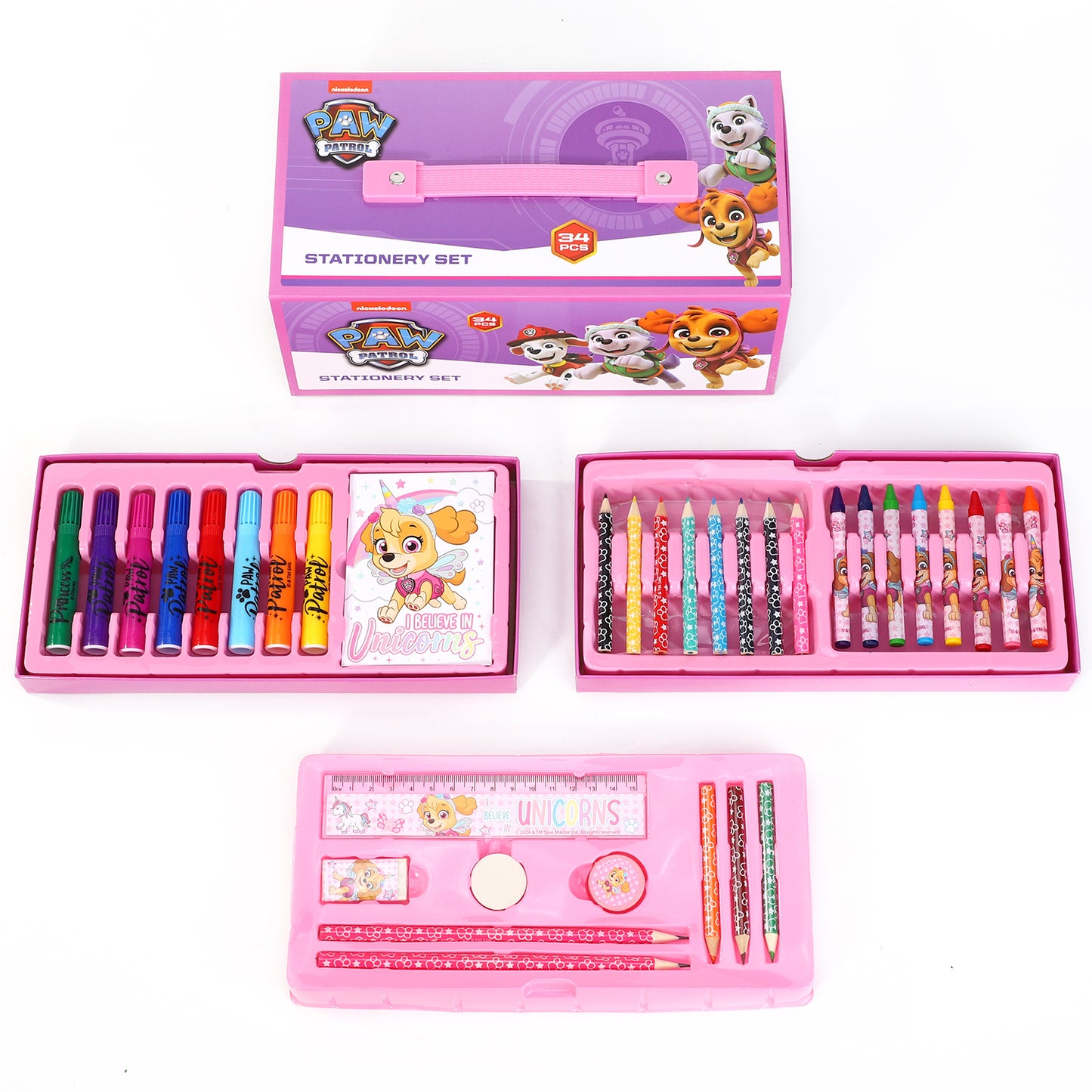Paw Patrol 34pc Kids Colouring Art Stationery Set with Watercolour Felt Tip Pens Crayons and Pencils Travel Set for Children