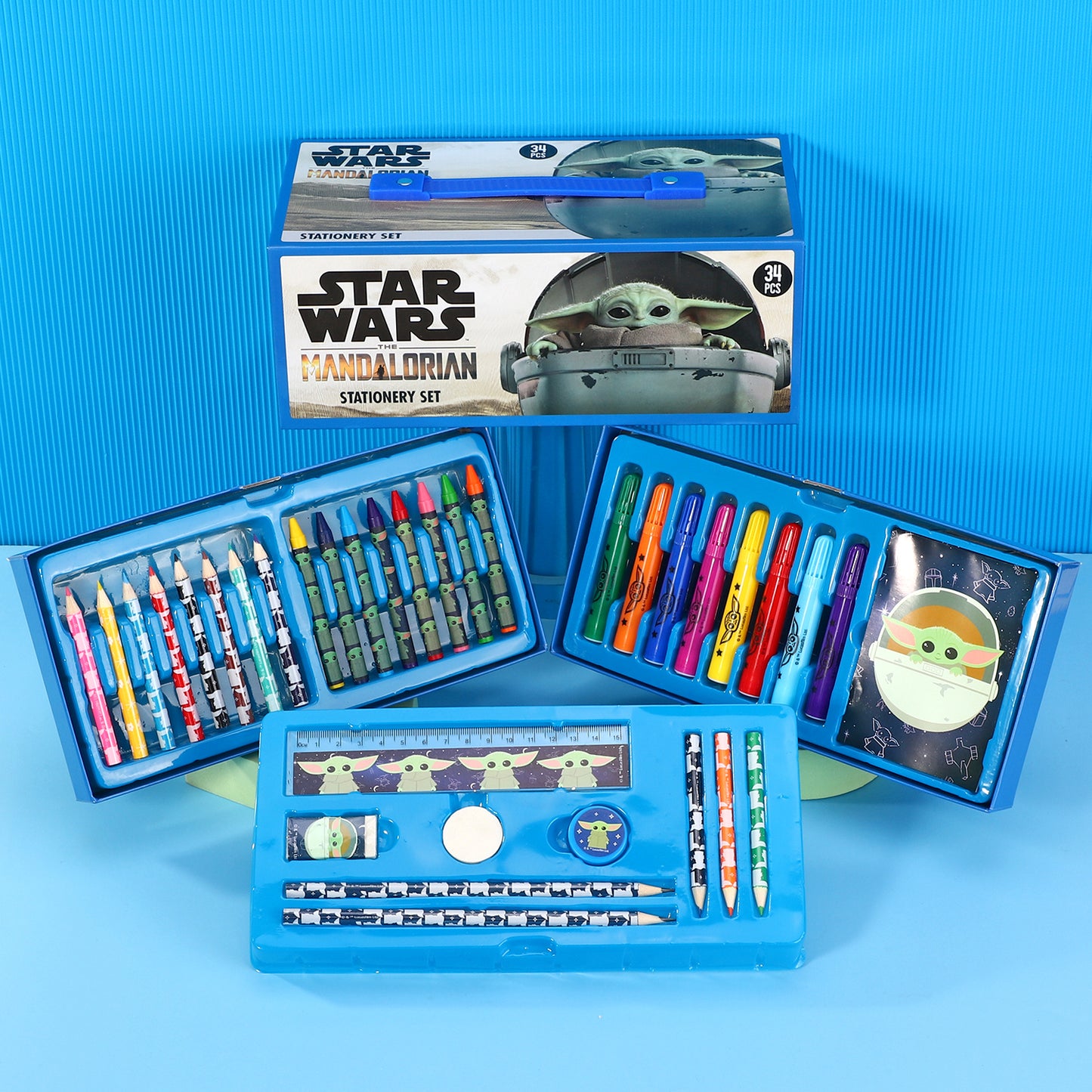Star Wars The Mandalorian 34pc Kids Colouring Art Stationery Set with Watercolour Felt Tip Pens Crayons and Pencils Travel Set for Children