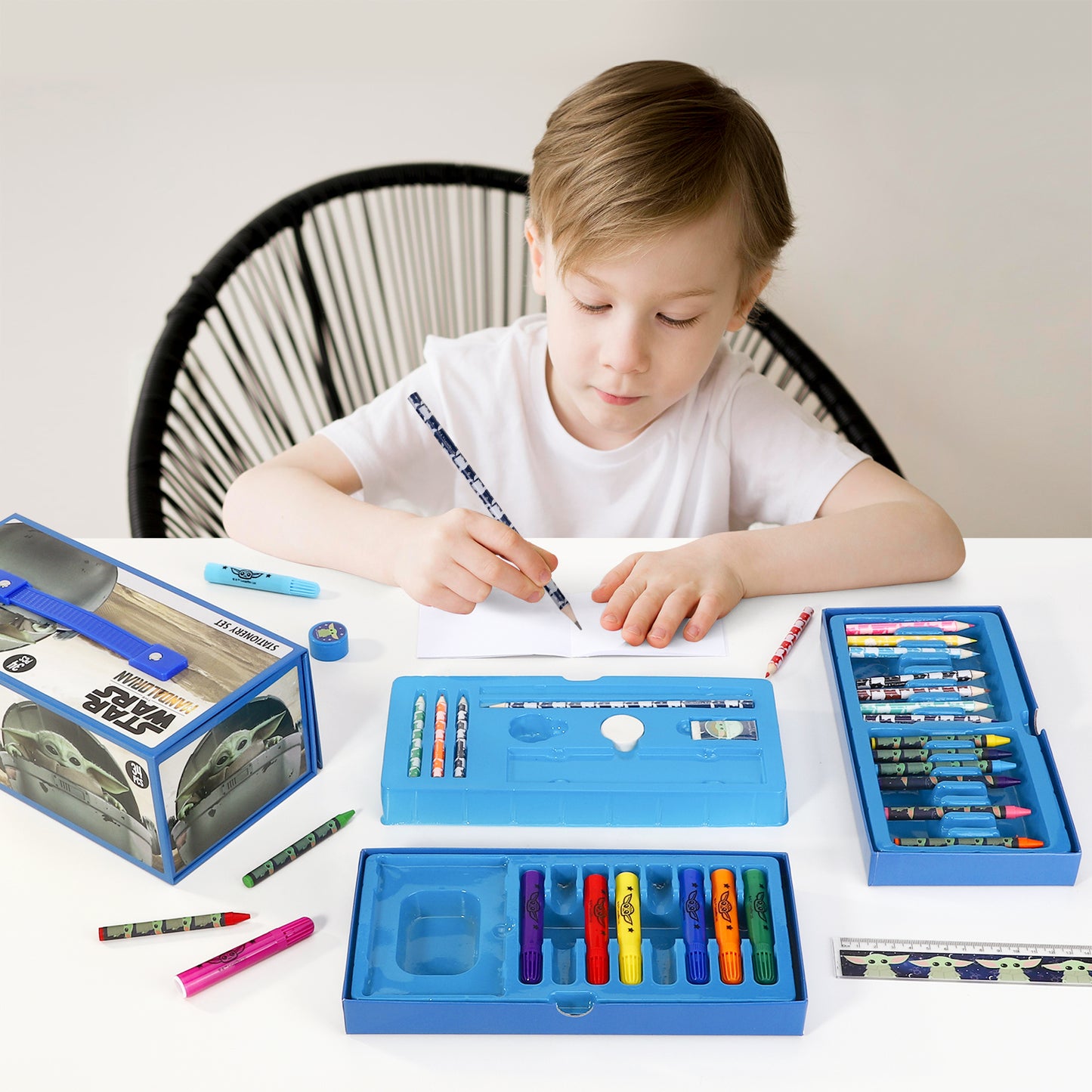 Star Wars The Mandalorian 34pc Kids Colouring Art Stationery Set with Watercolour Felt Tip Pens Crayons and Pencils Travel Set for Children