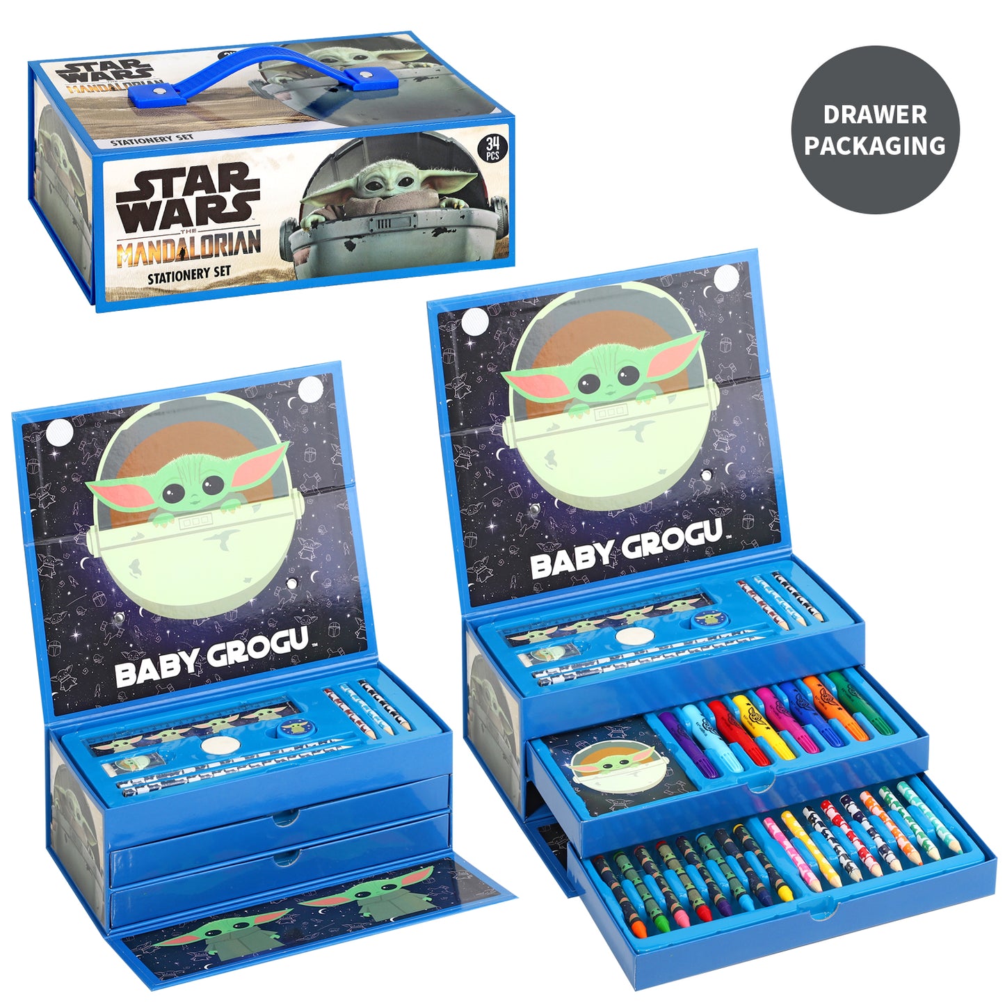 Star Wars The Mandalorian 34pc Kids Colouring Art Stationery Set with Watercolour Felt Tip Pens Crayons and Pencils Travel Set for Children