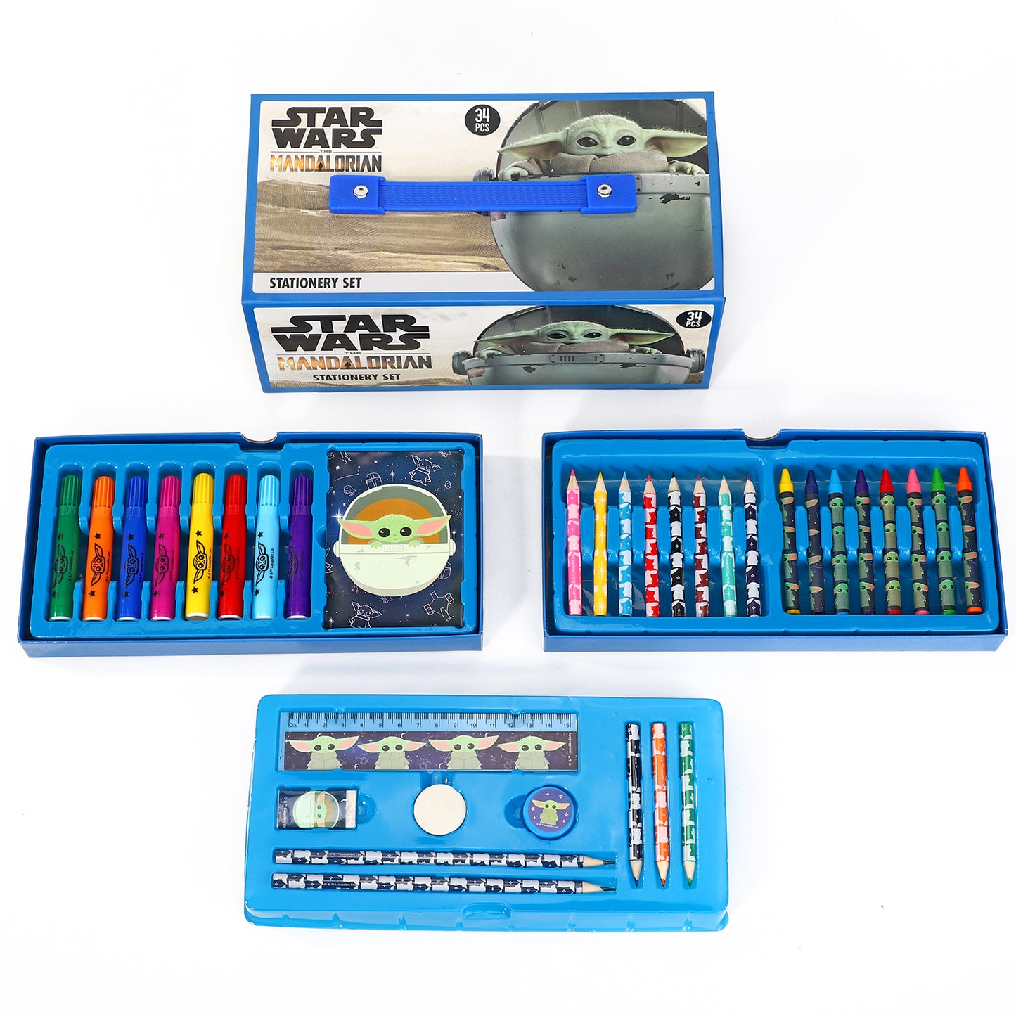 Star Wars The Mandalorian 34pc Kids Colouring Art Stationery Set with Watercolour Felt Tip Pens Crayons and Pencils Travel Set for Children