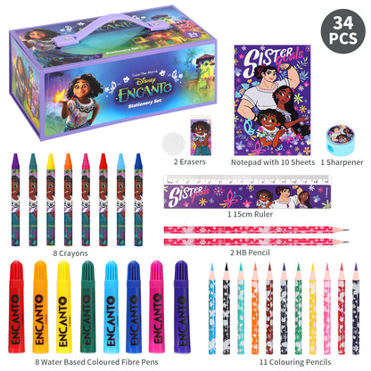 Encanto 34pc Kids Colouring Art Stationery Set with Watercolour Felt Tip Pens Crayons and Pencils Travel Set for Children