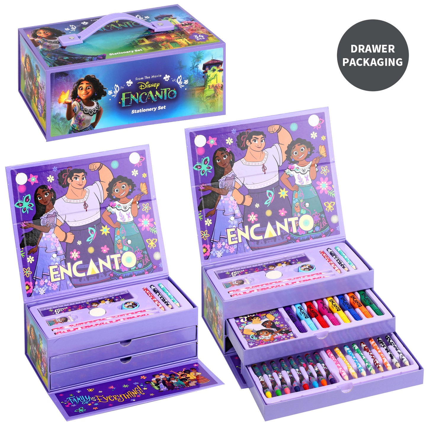 Encanto 34pc Kids Colouring Art Stationery Set with Watercolour Felt Tip Pens Crayons and Pencils Travel Set for Children