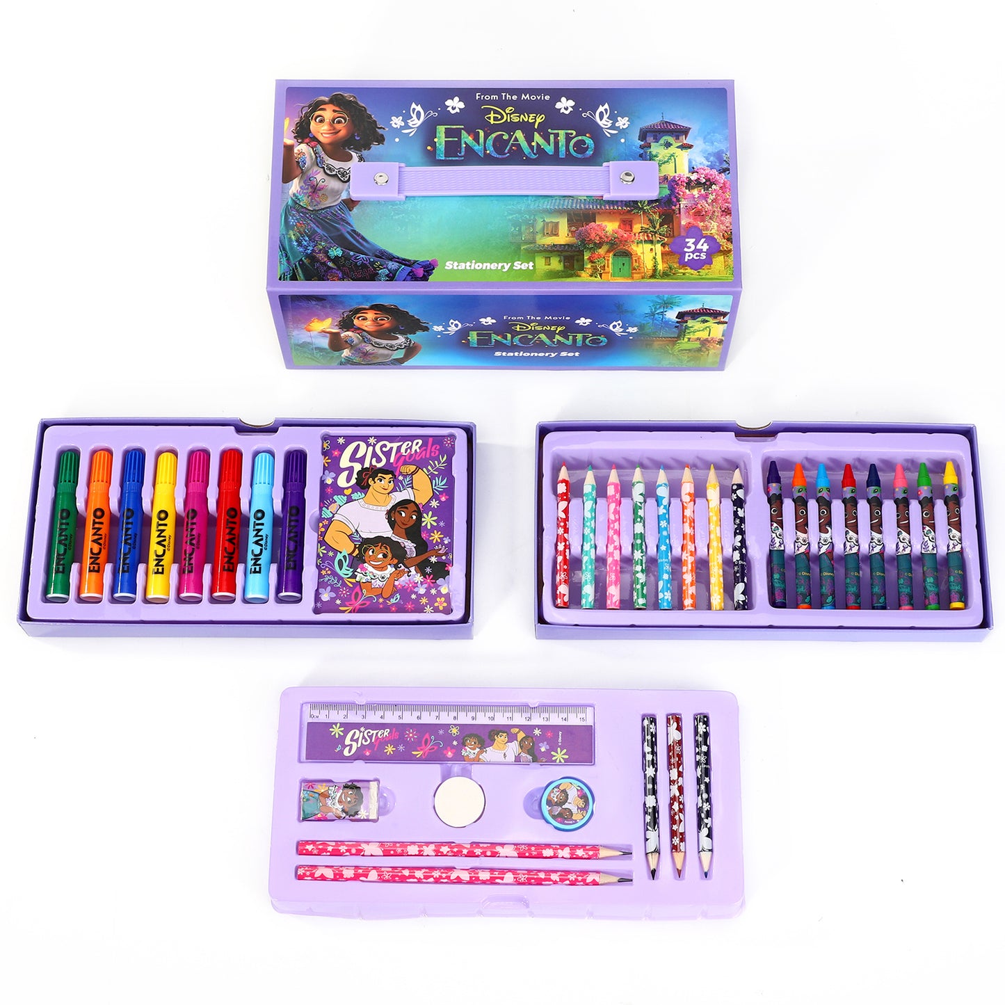 Encanto 34pc Kids Colouring Art Stationery Set with Watercolour Felt Tip Pens Crayons and Pencils Travel Set for Children