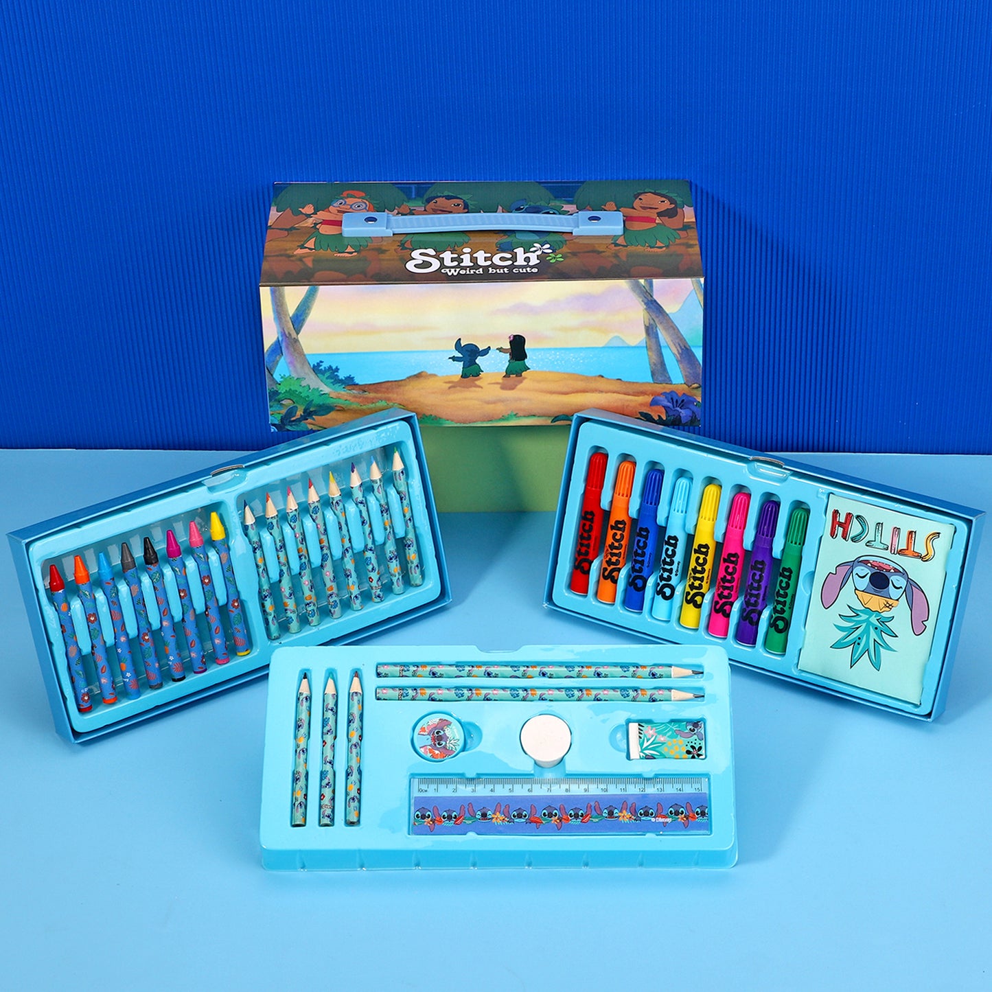 Disney Stitch 34pc Kids Colouring Art Stationery Set with Watercolour Felt Tip Pens Crayons and Pencils Travel Set for Children