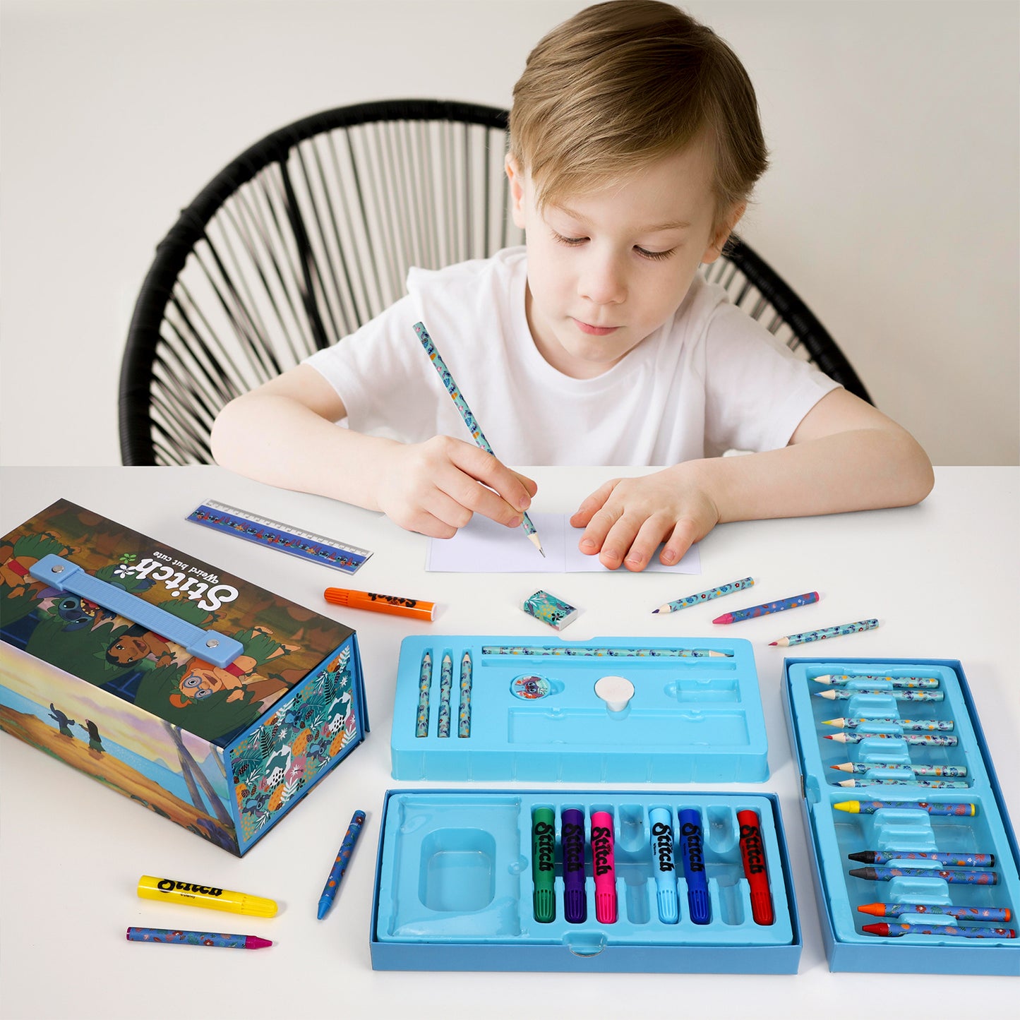 Disney Stitch 34pc Kids Colouring Art Stationery Set with Watercolour Felt Tip Pens Crayons and Pencils Travel Set for Children