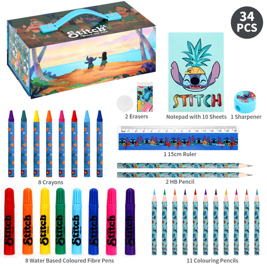 Disney Stitch 34pc Kids Colouring Art Stationery Set with Watercolour Felt Tip Pens Crayons and Pencils Travel Set for Children