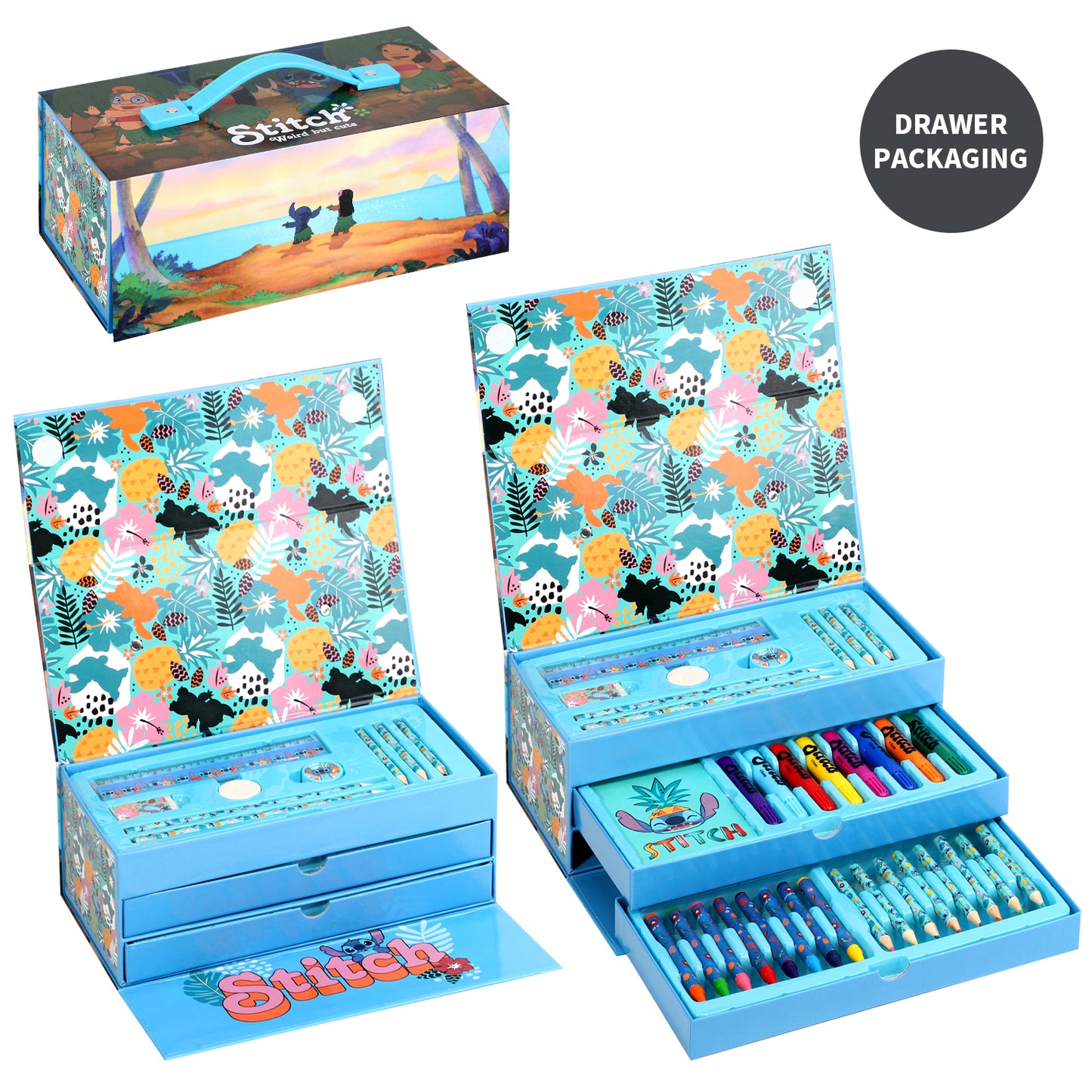 Disney Stitch 34pc Kids Colouring Art Stationery Set with Watercolour Felt Tip Pens Crayons and Pencils Travel Set for Children