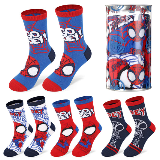 Spidey 4 Pair Ankle Cotton Socks for Kids, Packed in Round Money Piggy Bank Plastic Cylinder