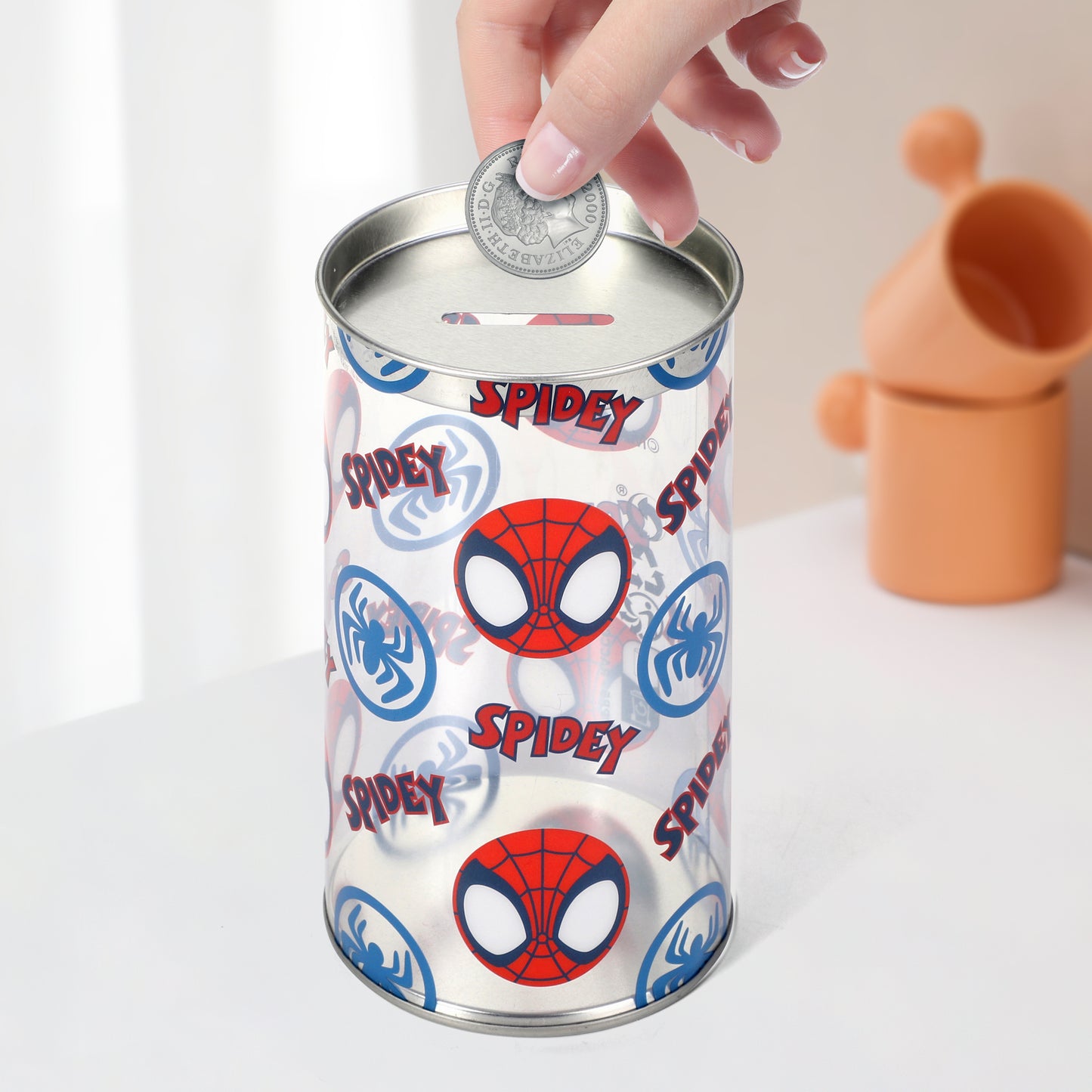 Spidey 4 Pair Ankle Cotton Socks for Kids, Packed in Round Money Piggy Bank Plastic Cylinder