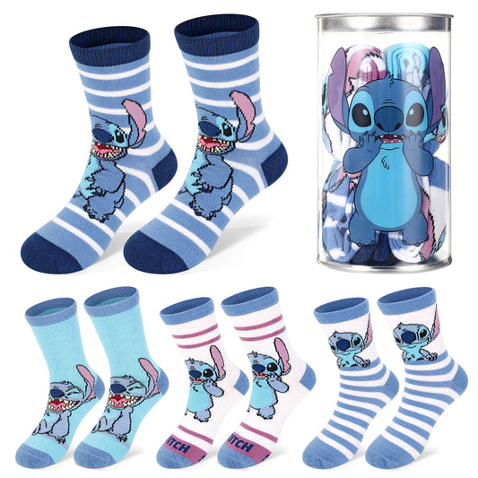 Disney Stitch 4 Pair Ankle Cotton Socks for Kids Packed in Round Piggy Bank Plastic Cylinder (UK, Age, 11-14 Years, Regular)