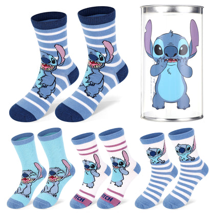 Disney Stitch 4 Pair Ankle Cotton Socks for Kids Packed in Round Piggy Bank Plastic Cylinder (UK, Age, 11-14 Years, Regular)
