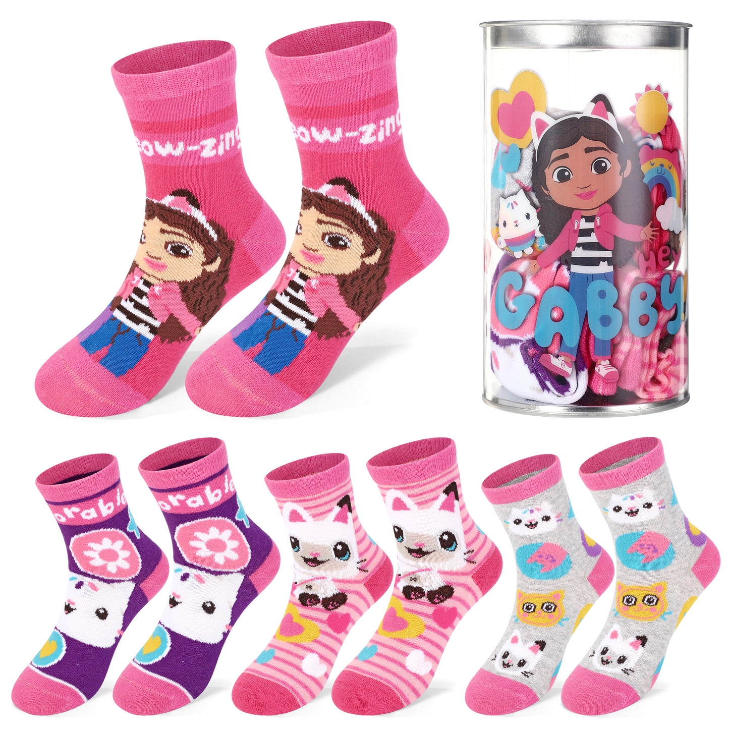 Gabby's Dollhouse 4 Pair Ankle Cotton Socks for Kids Packed in Round Piggy Bank Plastic Cylinder (UK, Age, 3-6 Years, Regular)