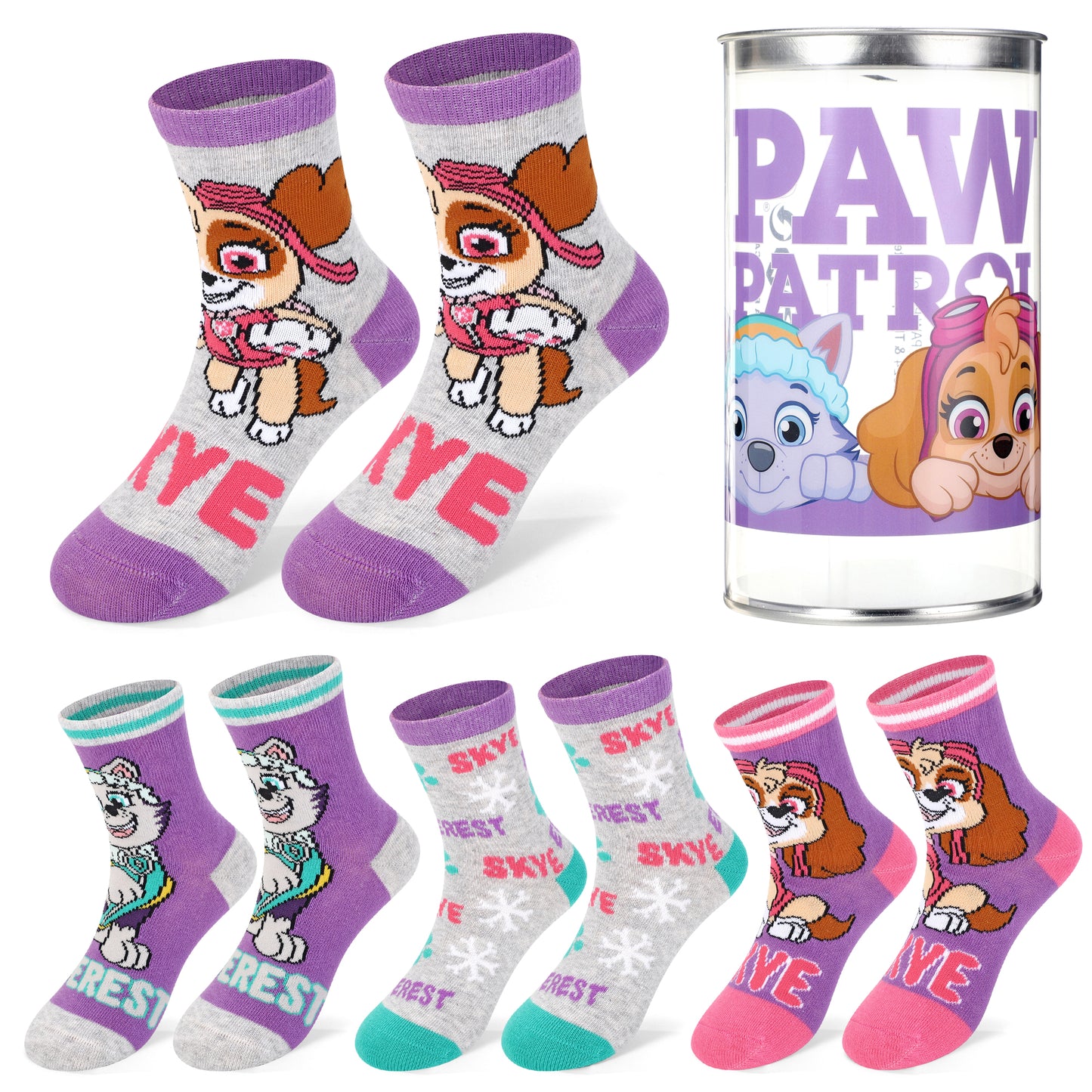 Paw Patrol Girl 4 Pair Ankle Cotton Socks for Kids Packed in Round Piggy Bank Plastic Cylinder (UK, Age, 1-4 Years, Regular)