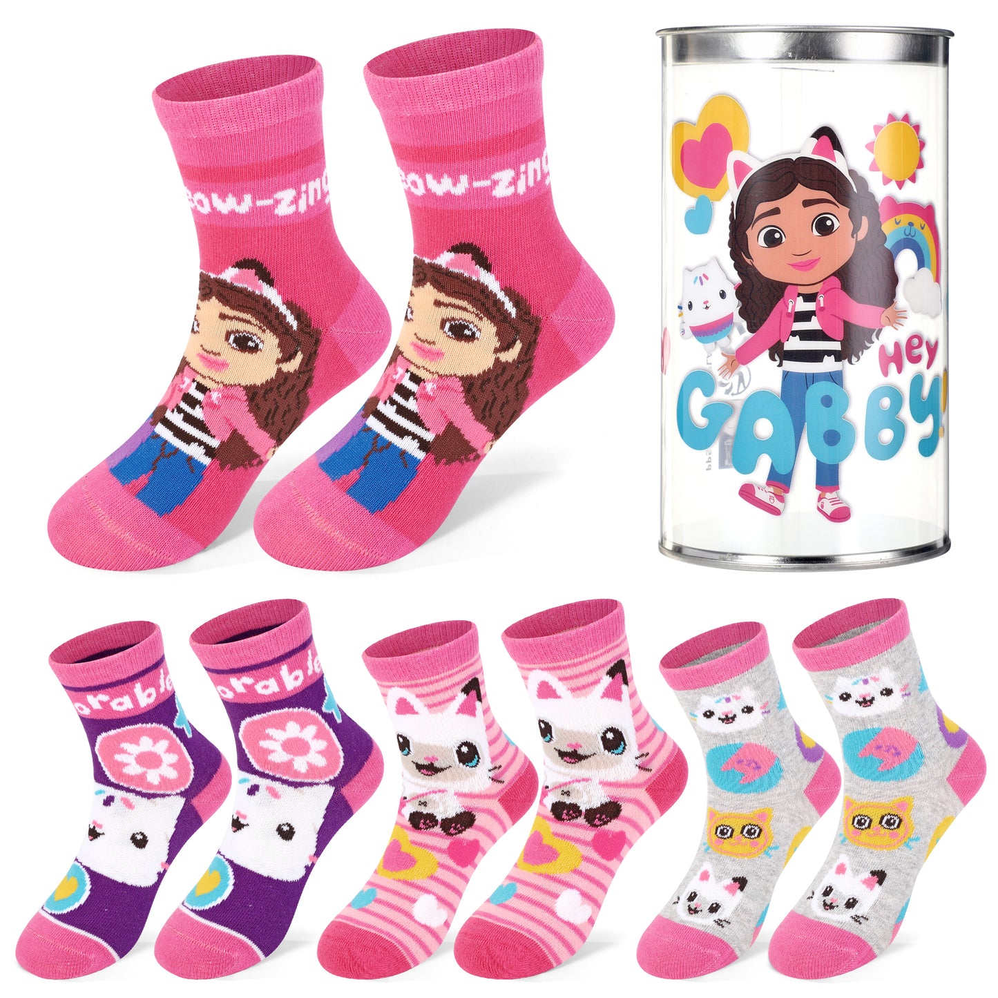 Gabby's Dollhouse 4 Pair Ankle Cotton Socks for Kids Packed in Round Piggy Bank Plastic Cylinder (UK, Age, 3-6 Years, Regular)