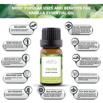 Elora 10ml Vanilla Essential Oil - 100% Pure Natural Essential Oils for Diffuser, Humidifier, Aromatherapy, Sleep and Relaxation