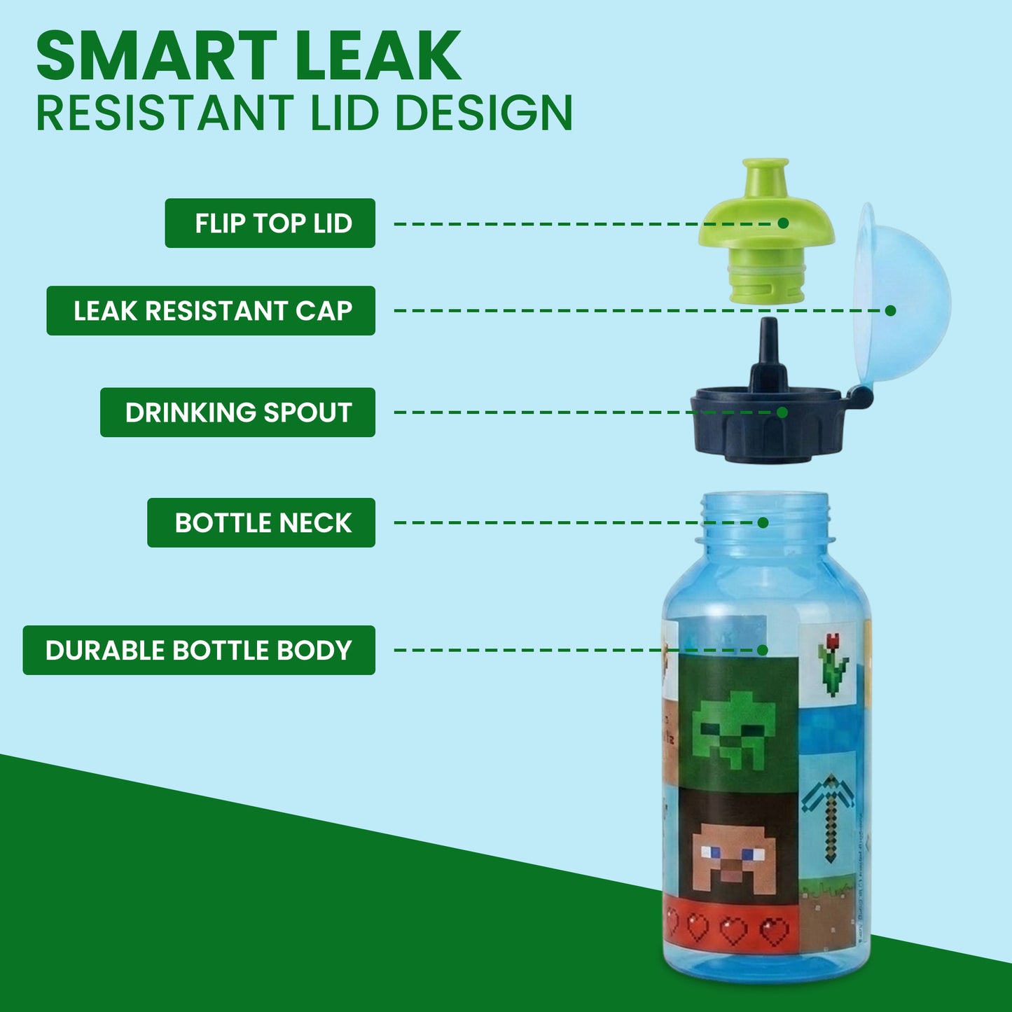 Minecraft 370ml Water Bottle for Kids School Drinks Bottle Made of Durable Material Reusable BPA Free