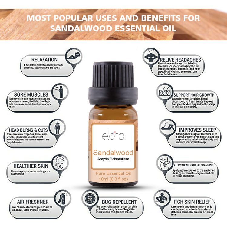 Elora Sandalwood Essential Oil 10ml - 100% Pure Natural Oils for Diffuser