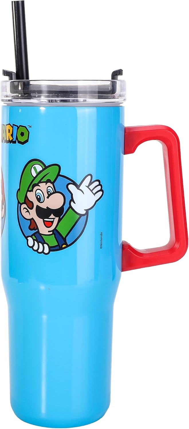 Super Mario 940mL/33oz Double Walled Vacuum Insulated Stainless Steel Tumbler Cup with Handle and Straw