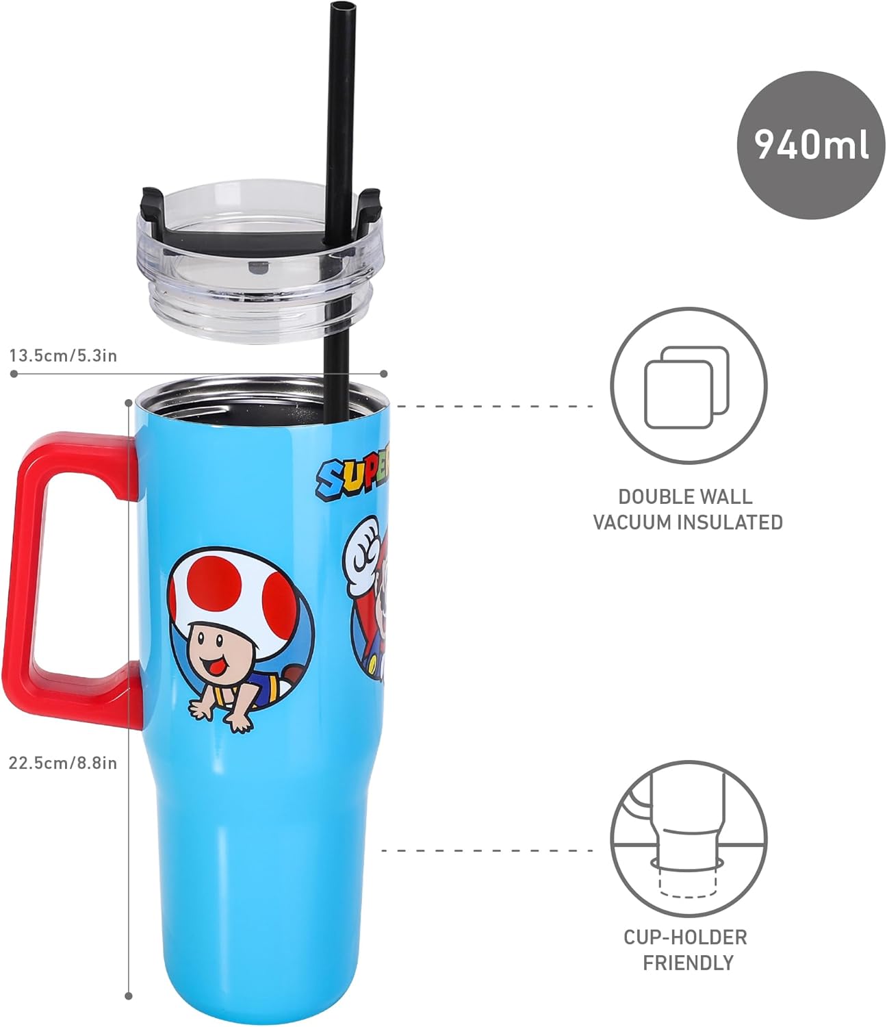 Super Mario 940mL/33oz Double Walled Vacuum Insulated Stainless Steel Tumbler Cup with Handle and Straw