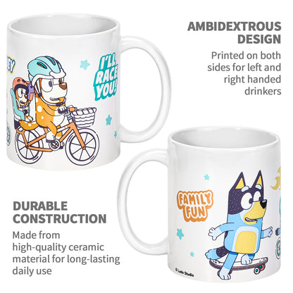 Bluey Family Fun 11oz Ceramic Mug, Bingo & Bandit Bike Ride 325ml Coffee Cup, Dishwasher & Microwave Safe, Officially Licensed Gift for Kids & Adults