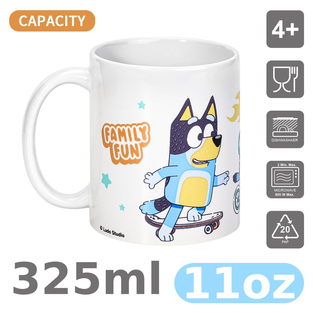 Bluey Family Fun 11oz Ceramic Mug, Bingo & Bandit Bike Ride 325ml Coffee Cup, Dishwasher & Microwave Safe, Officially Licensed Gift for Kids & Adults