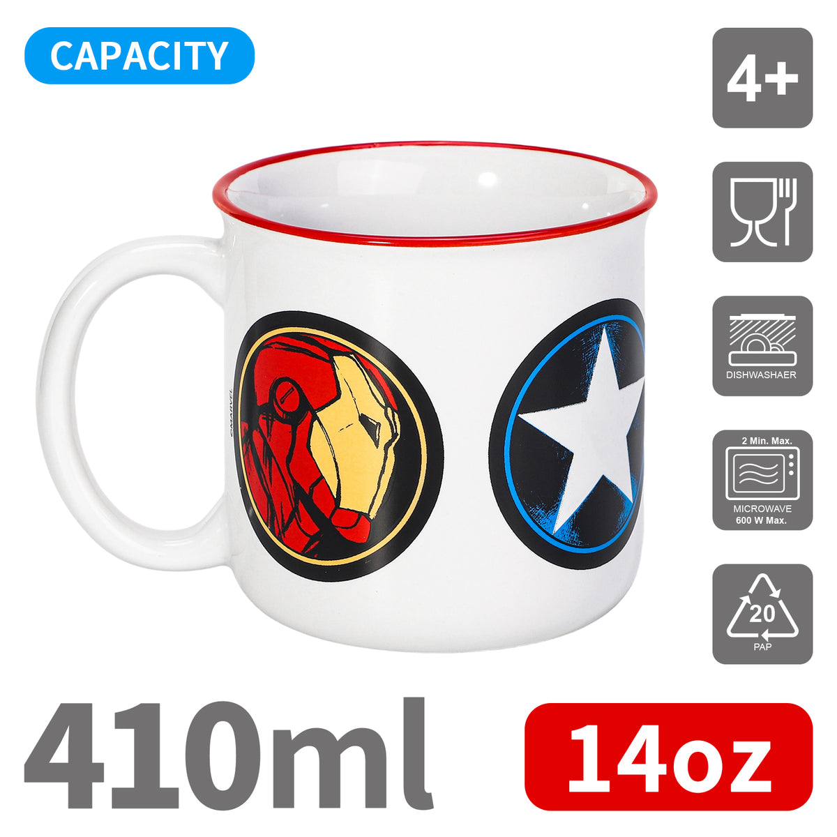 Marvel Avengers 14oz Ceramic Mug – Hulk, Thor, Iron Man & Captain America Icons 410ml Coffee Cup, Dishwasher & Microwave Safe, Officially Licensed Gift for Kids & Adults