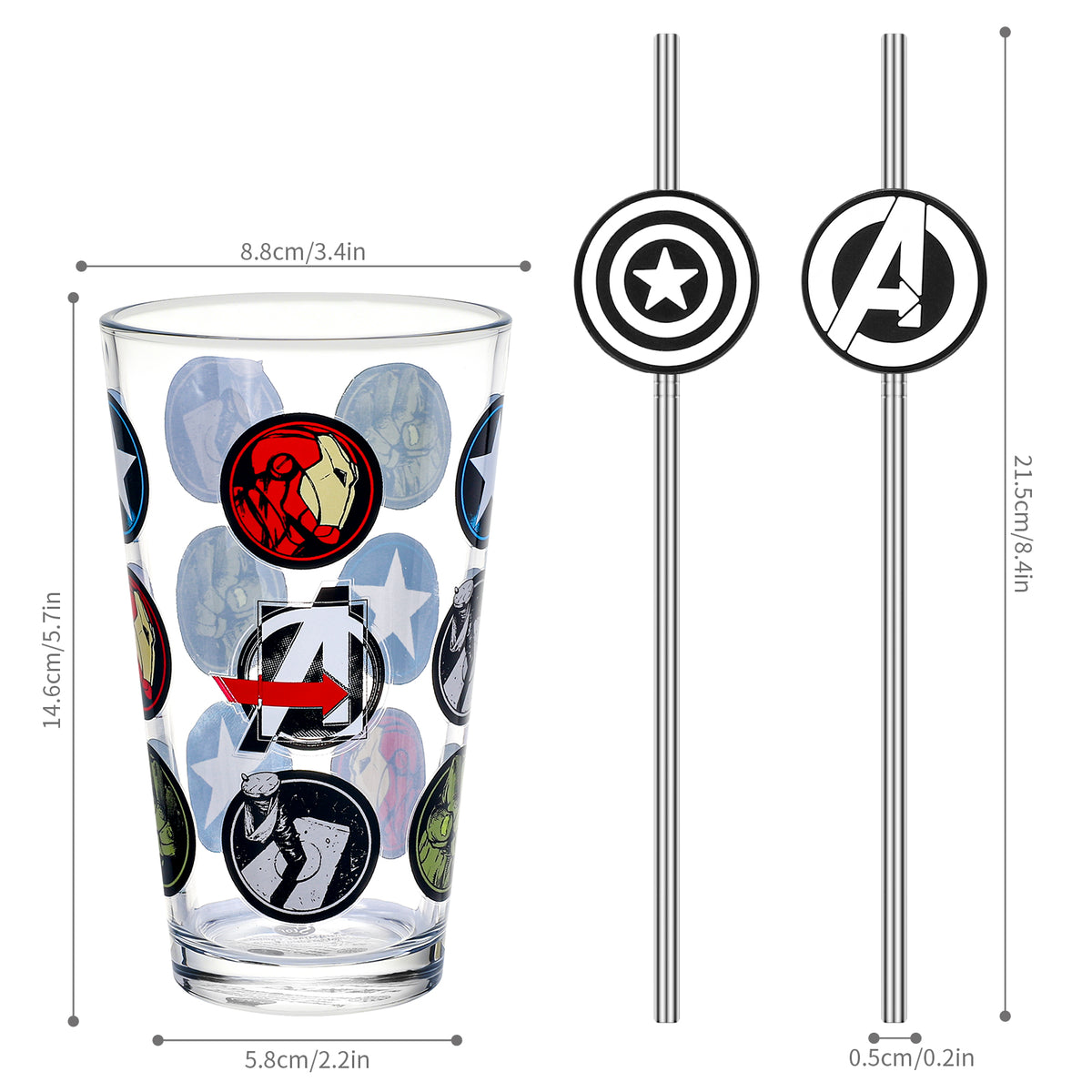 Marvel Avengers 480ml Glass and Twin Straw Set, 16.9oz Drinking Glass with 2 Reusable Metal Straws, Officially Licensed 3-Piece Kids Set