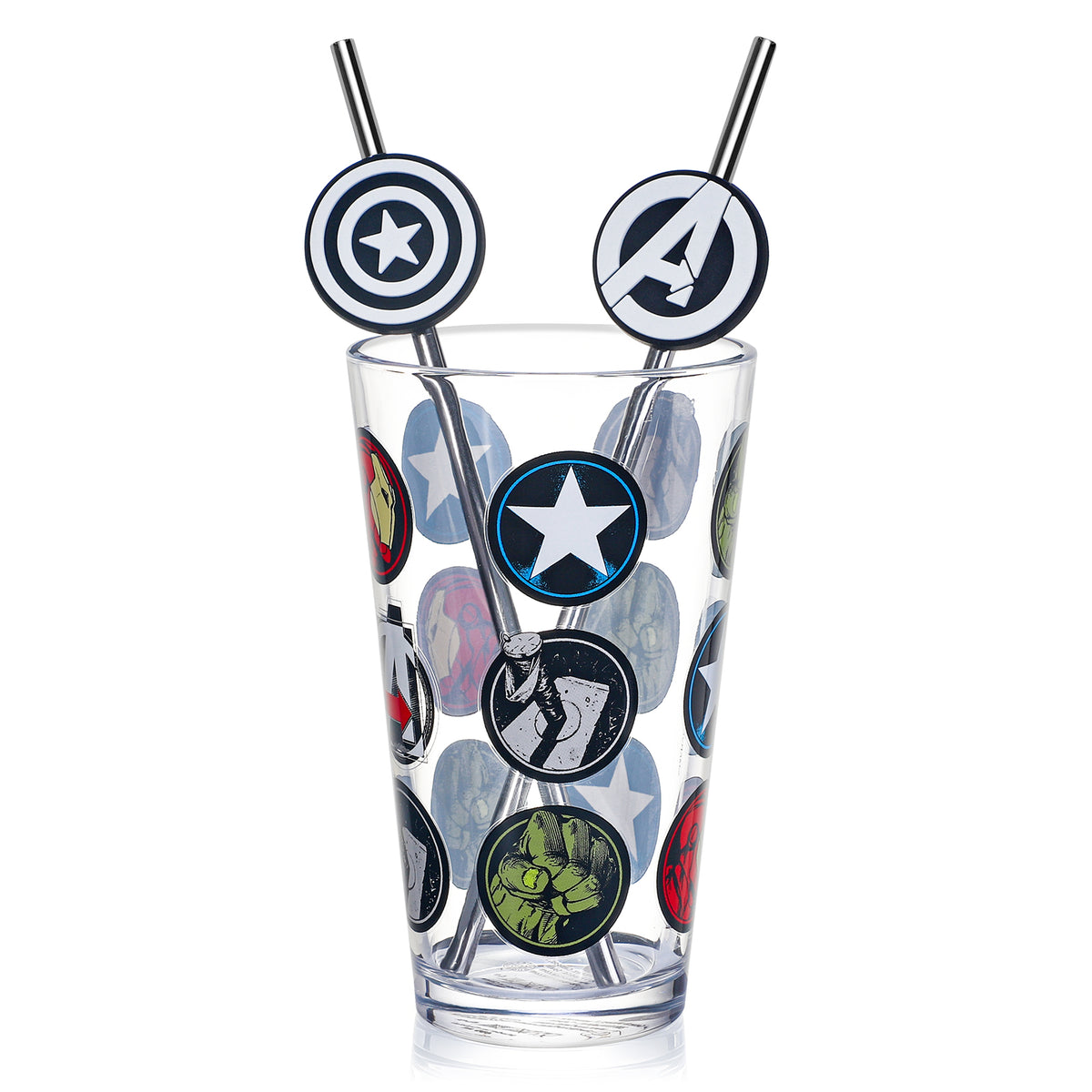 Marvel Avengers 480ml Glass and Twin Straw Set, 16.9oz Drinking Glass with 2 Reusable Metal Straws, Officially Licensed 3-Piece Kids Set