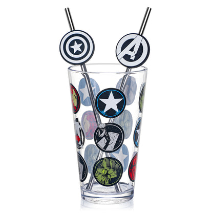 Marvel Avengers 480ml Glass and Twin Straw Set, 16.9oz Drinking Glass with 2 Reusable Metal Straws, Officially Licensed 3-Piece Kids Set