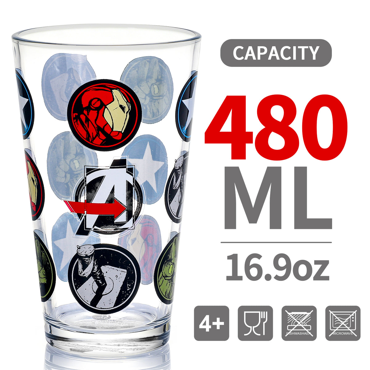 Marvel Avengers 480ml Glass and Twin Straw Set, 16.9oz Drinking Glass with 2 Reusable Metal Straws, Officially Licensed 3-Piece Kids Set
