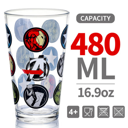 Marvel Avengers 480ml Glass and Twin Straw Set, 16.9oz Drinking Glass with 2 Reusable Metal Straws, Officially Licensed 3-Piece Kids Set